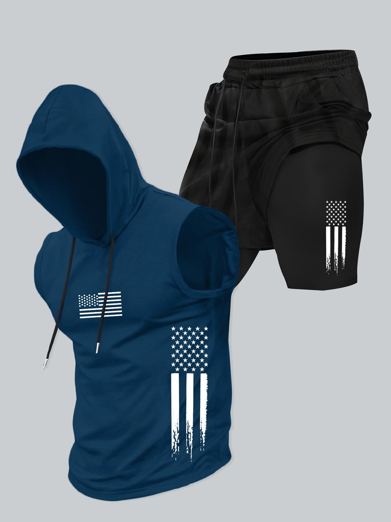 Two-Piece Set Men's American Flag Print Hooded Tank Top & Shorts Set, Regular Fit Casual Athletic Fashion Activewear Sleeveless Top & Shorts, Men's Summer Clothes