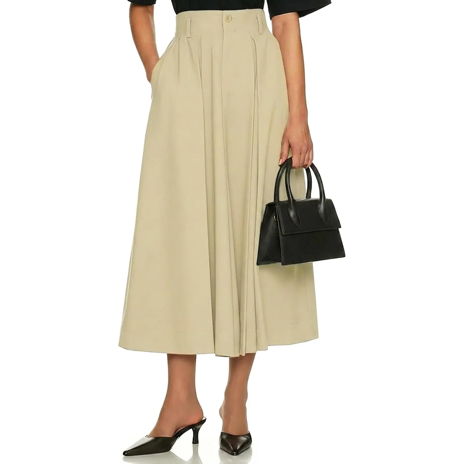 Cicy Bell Women Pleated Midi Skirt Casual Dressy High Waisted A-Line Skirt | Textured Flowy Skirt With Pockets, Work Office, Business Casual, Luxury, Elegant Knee Length Skirts