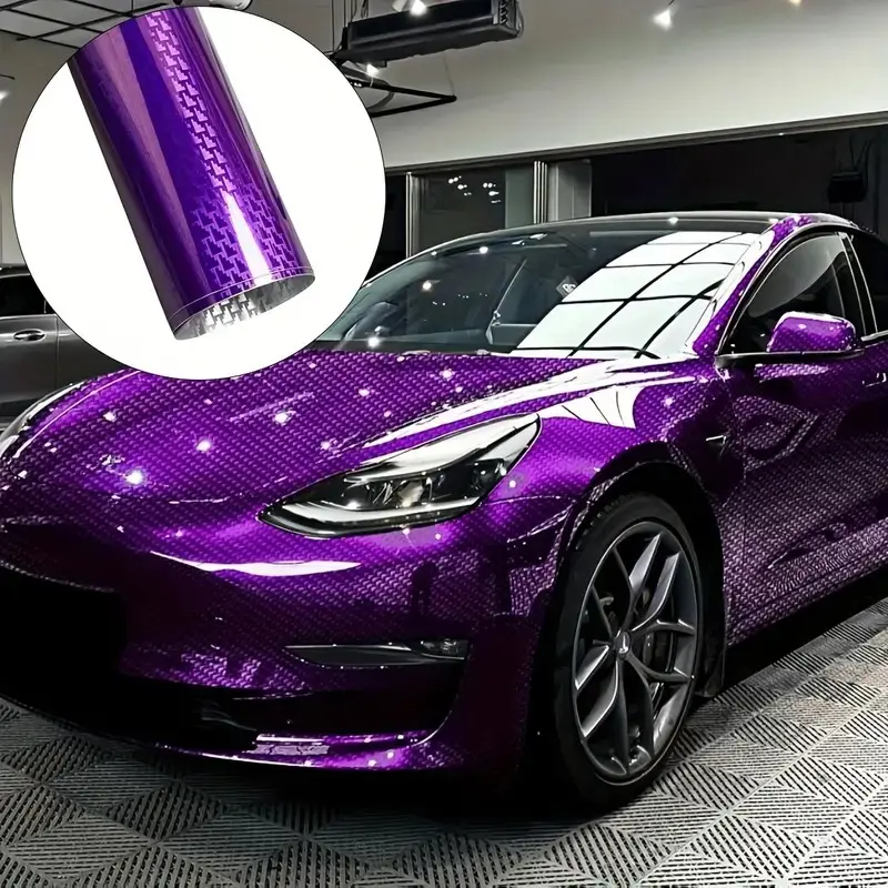 Ultra Glossy PET Ghost Purple Carbon Fiber Chrome Metallic Aircraft Pattern Vinyl Wrap Film Car Sticker Decal With Air Release Self Adhesive