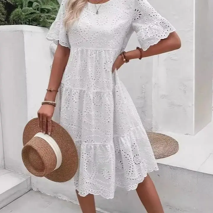 Women's Casual Solid Color Crew Neck Short Sleeve Eyelet Embroidered Tiered Dress