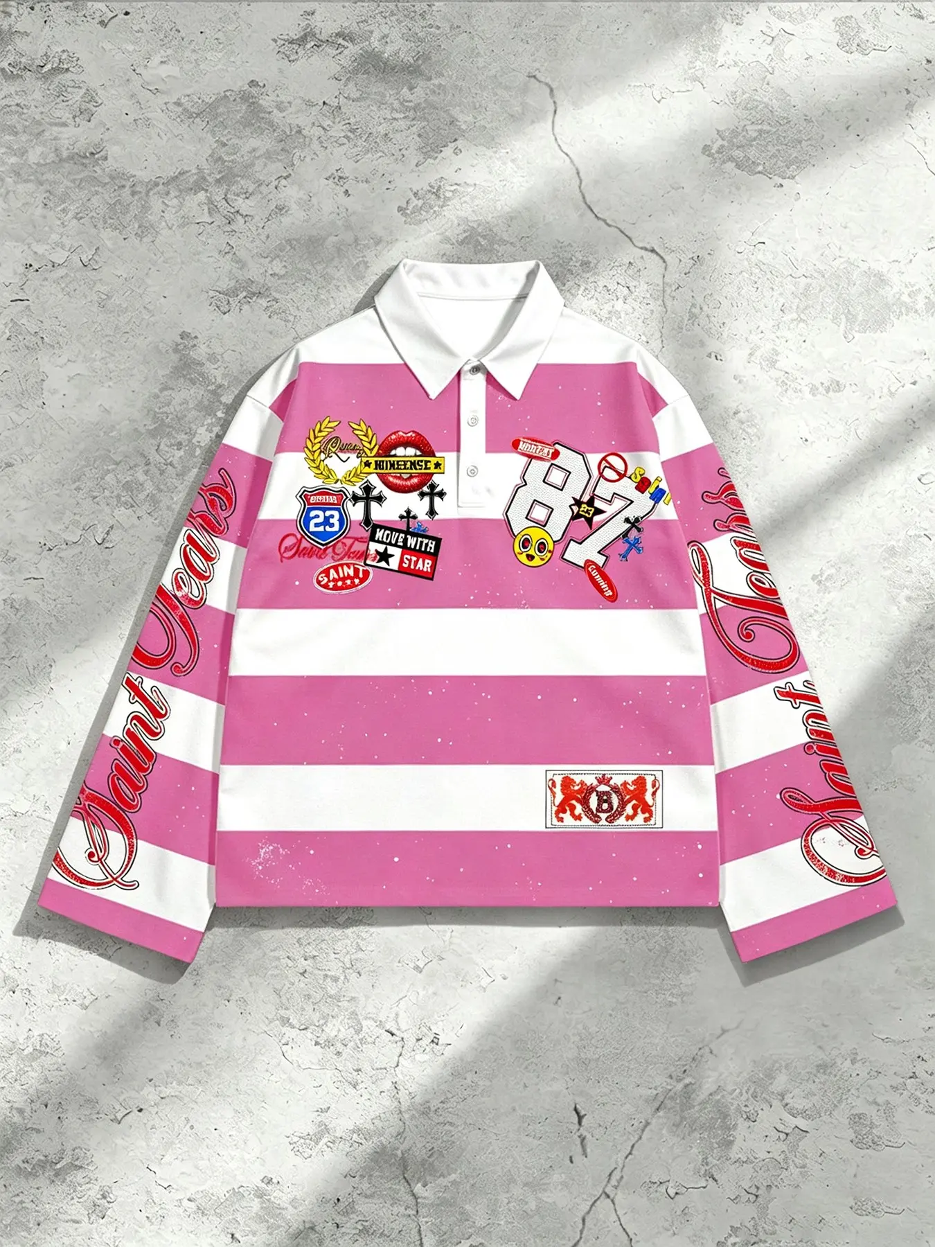 American Y2K Striped Short Polo Long Sleeve, Saint Tears Lip Number 87 Cross Badge Full Print Top, Vintage Streetwear Collared Unisex