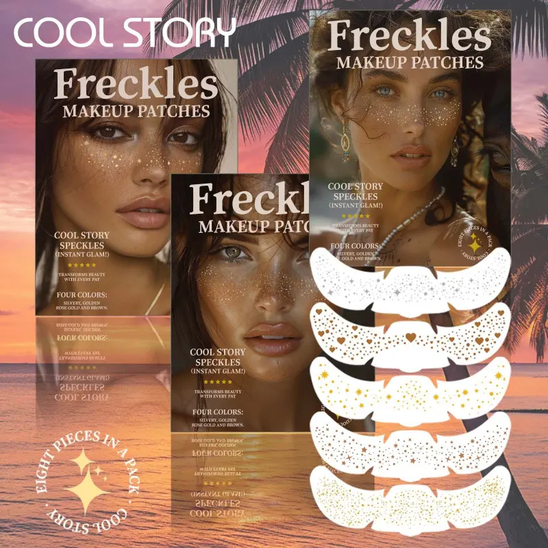 1Pack COOL STORY, Glitter Sparkle Makeup, Glitter Freckle Makeup Patches 8Pcs 5 Color Options Easy Apply Long Staying Transfer Resistant Facial Speckle Stickers For Beach Travel Festival Party Photoshoot Makeup Beginners Travelers, Glitter Cosmetic