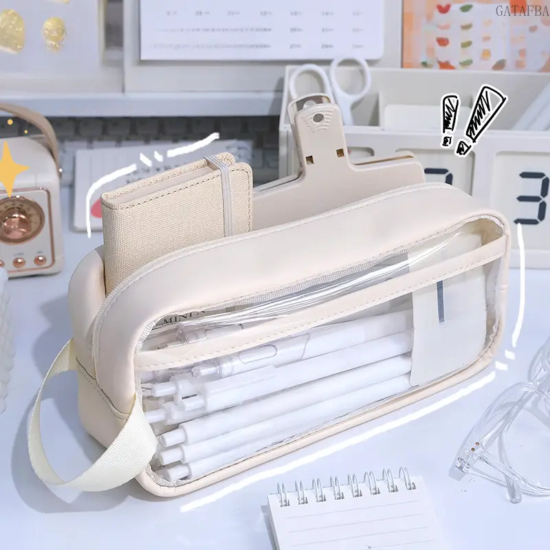 Transparent PVC High-Capacity Pencil Pouch, Minimalist Milk-Tone Stationery Bag for Middle-High School Students, Unisex Simple Pencil Case