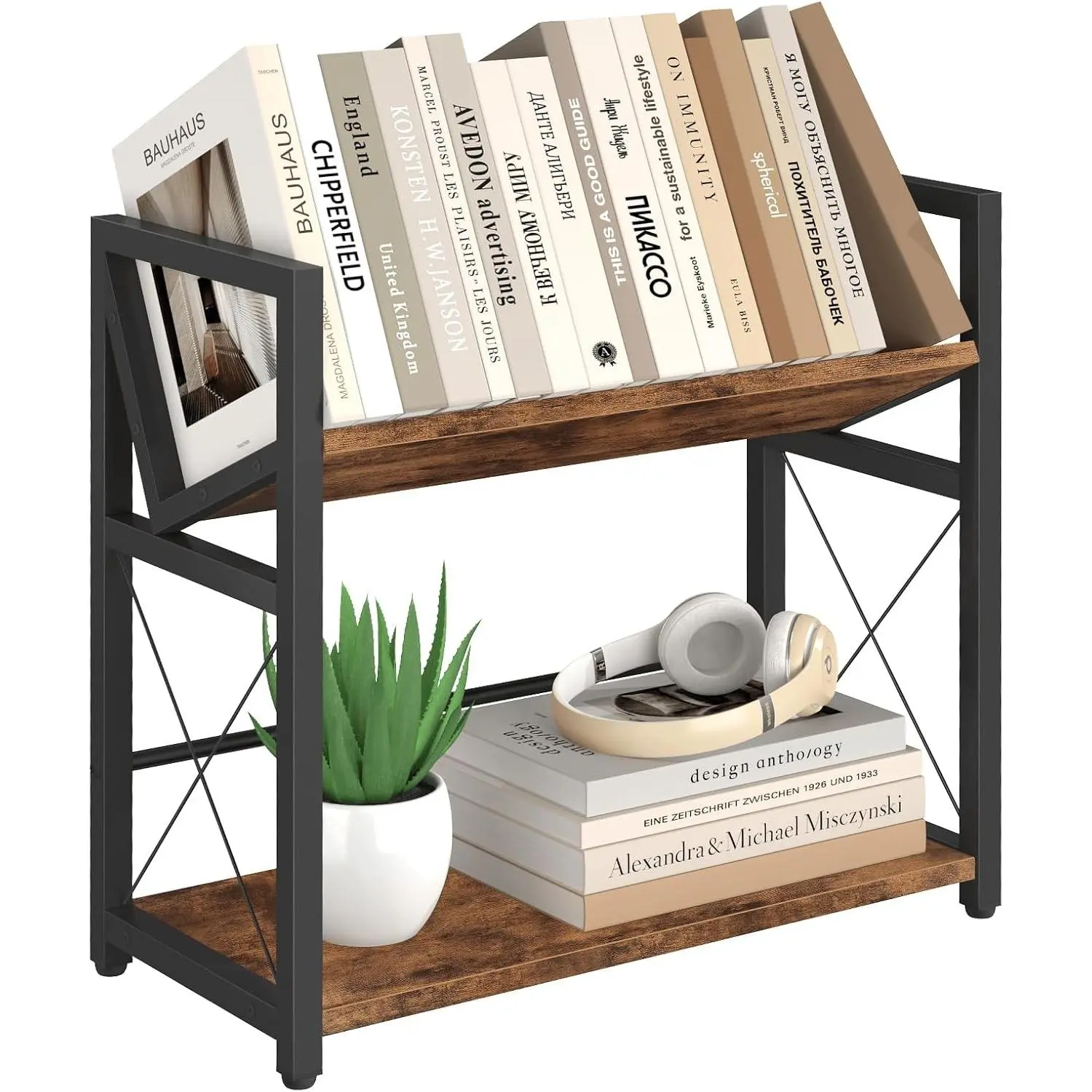 Rustic Brown 2-Tier Wooden Desktop Bookshelf - Small Space Organizer, Metal Frame Single Unit Tabletop Bookcase for Home, Office Storage & Display