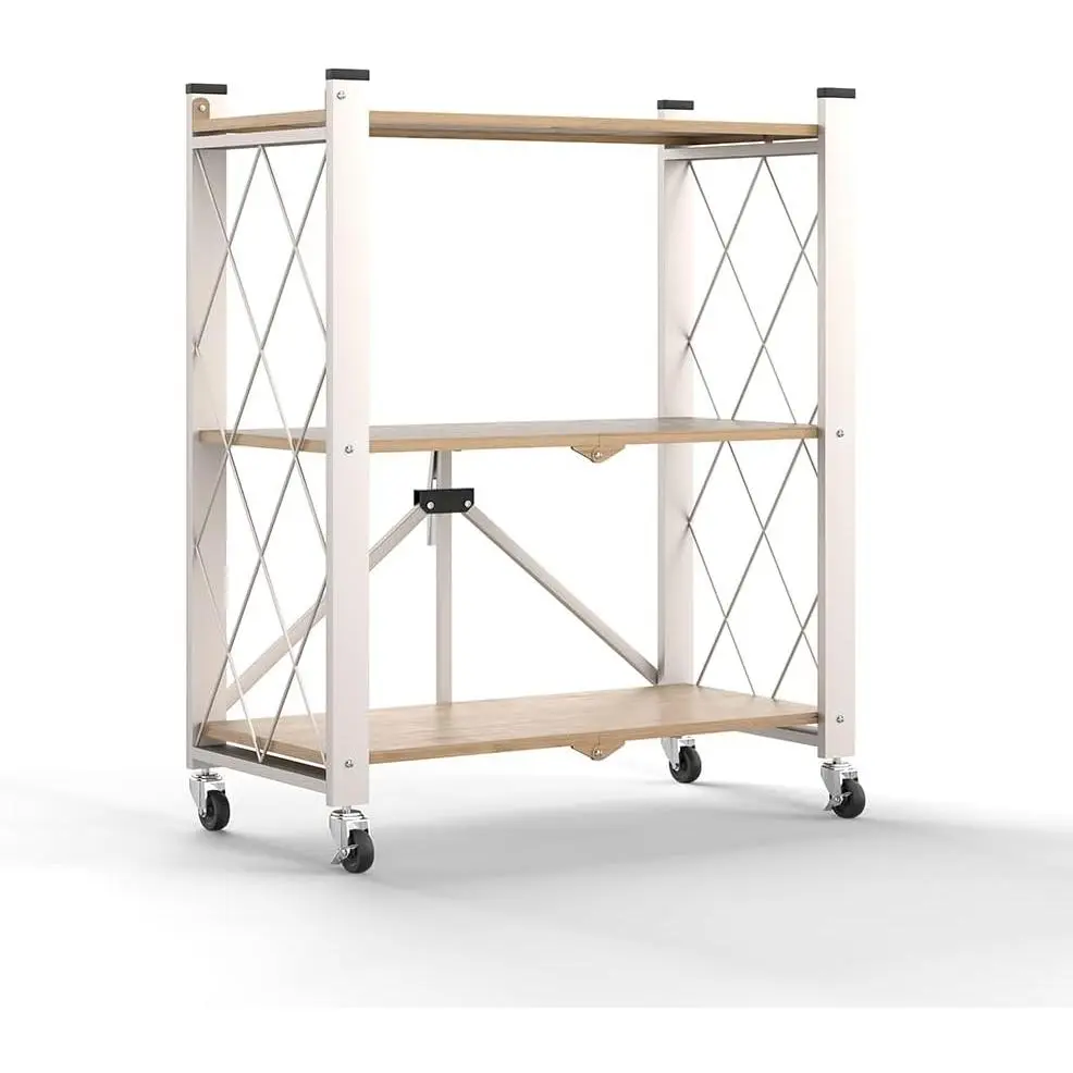 Heavy Duty 3-Tier Collapsible Steel Storage Rack with Wheels, X-Side Frames, Standing Organizer Display Stand - No-Installation Household Shelving Unit for Kitchen, Garage