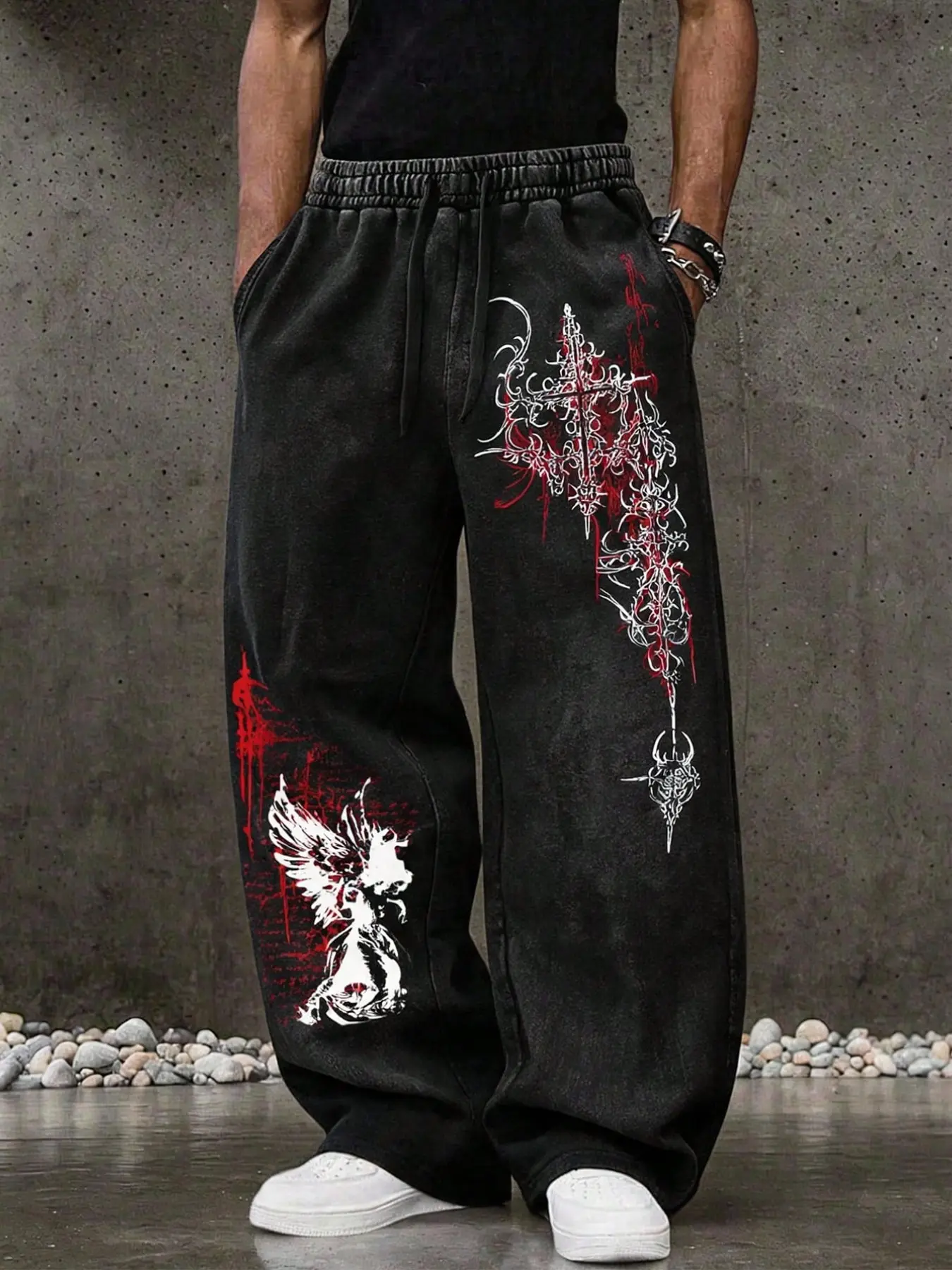 Men's washed cotton fitted sweatpants Activewear with side seam design and gothic graphic pattern, comfortable and casual, suitable for everyday wear.