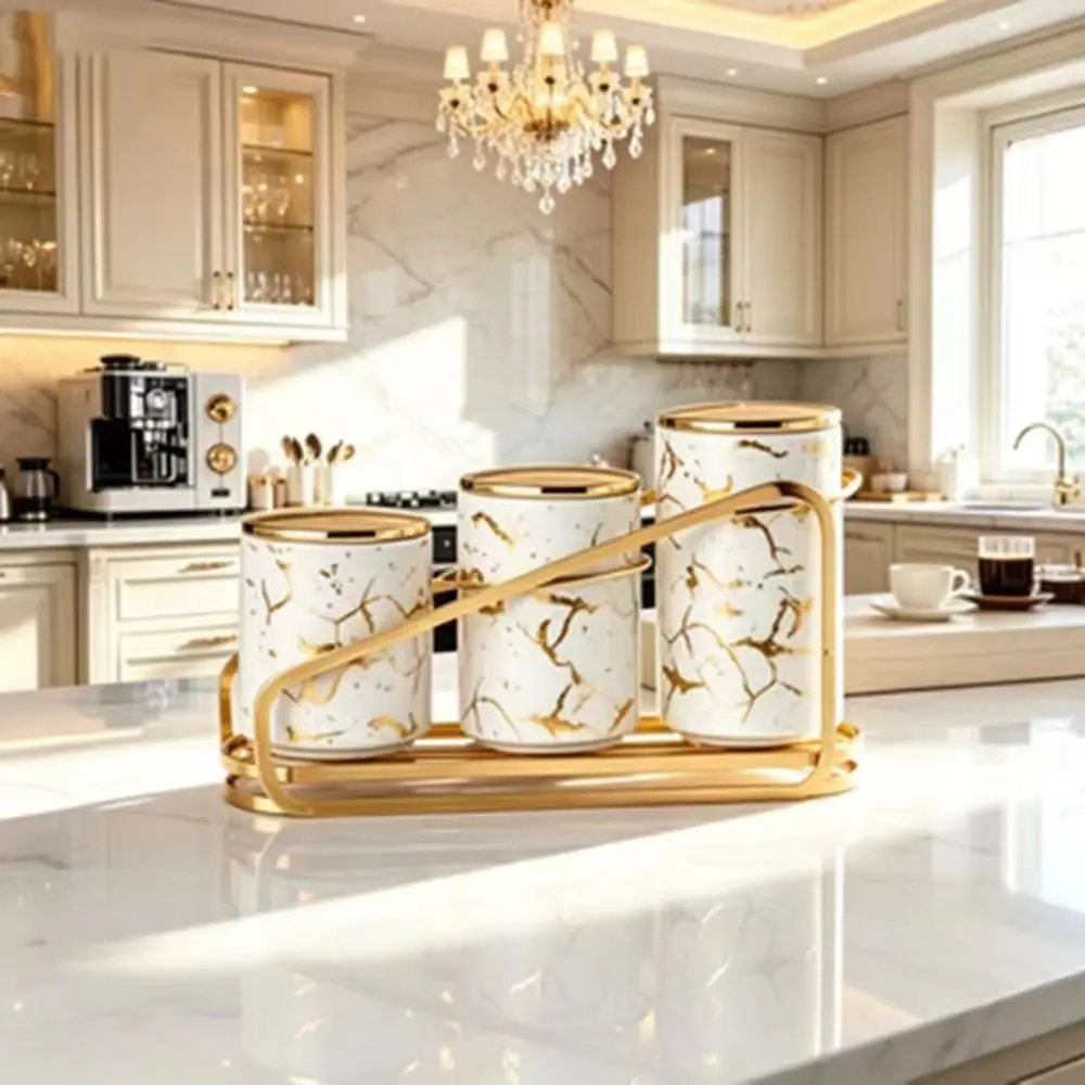Luxury Gold Pattern Ceramic Sealed Jars Set, Container Set, Moisture-Proof Tea Coffee Storage Containers, Jewelry Organizer, Perfect for Parties and Gifts