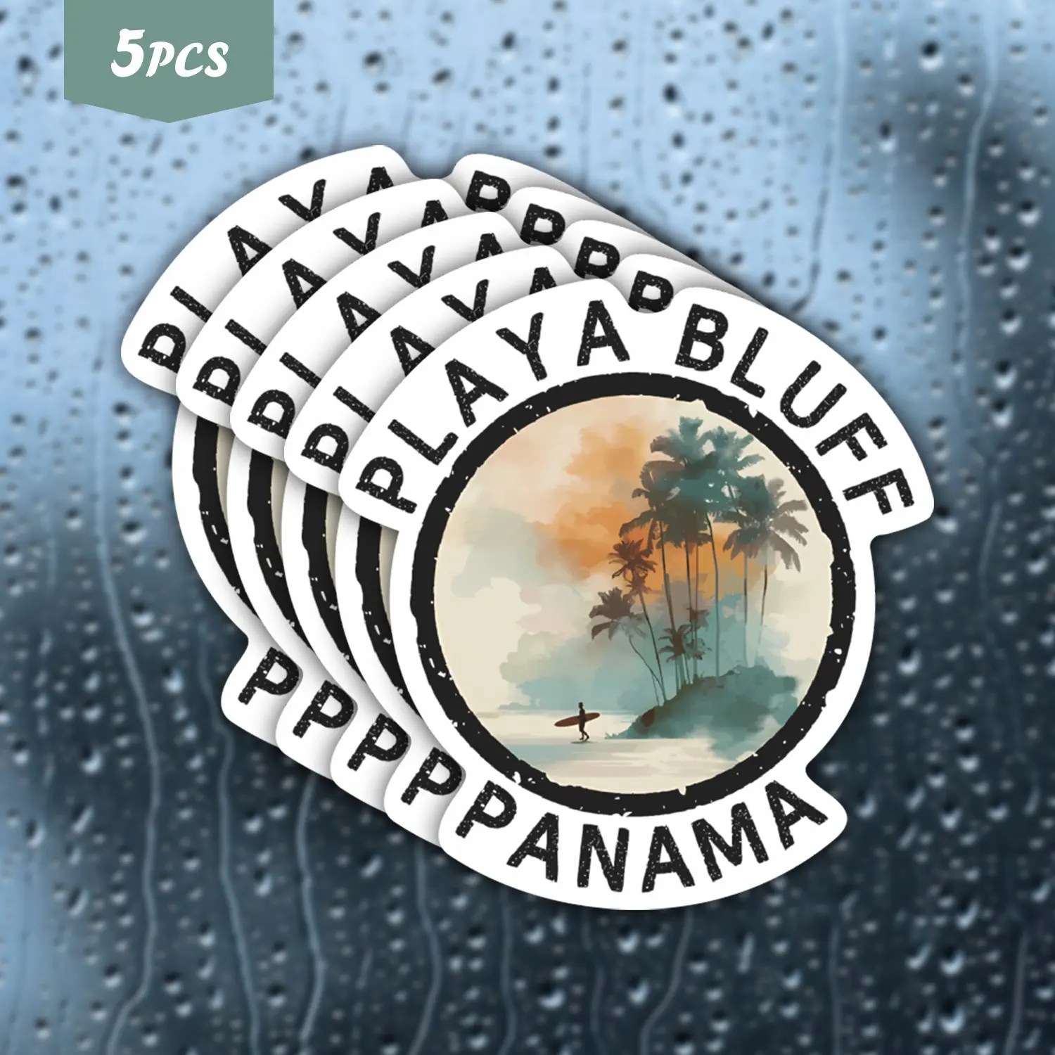 5PCS Playa Bluff Panama Waterproof Vinyl Stickers, Vintage Beach Surf Design, Self-Adhesive Decals for Water Bottles, Laptops, Cars, Ideal for Travel Fans