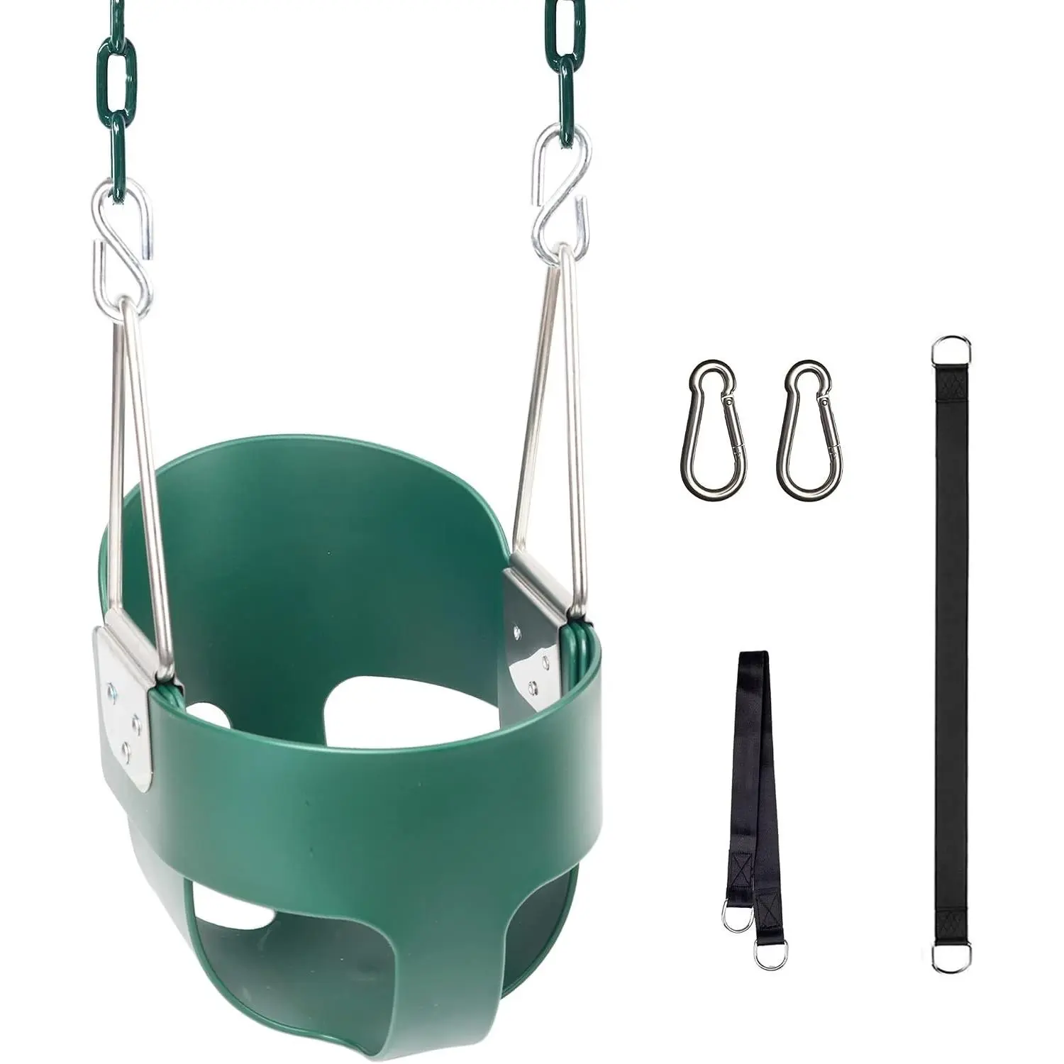 Toddler Swing, Full Bucket Baby Swing Seat & Iron Chains (Green) | Baby swing outdoor, high back eva seat, 59'' heavy-duty vinyl coated chains, outdoor & indoor backyard, playground, swing set