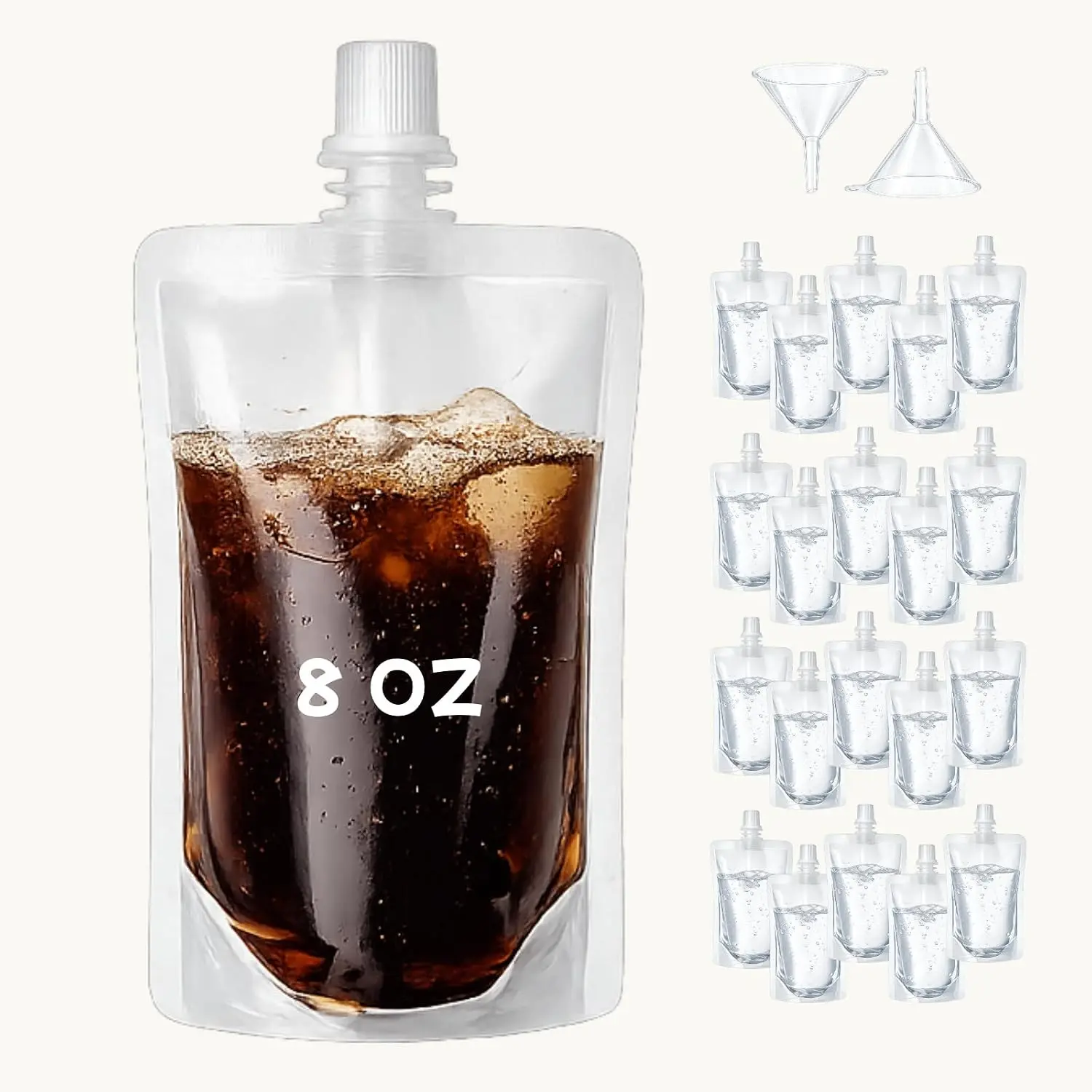 20 Pcs Reusable 8 Oz Plastic Drink Pouches Flasks, BPA-Free Food-Grade Collapsible Portable Liquid Containers, Hot & Freezer Safe for Concerts Festivals, with Funnels
