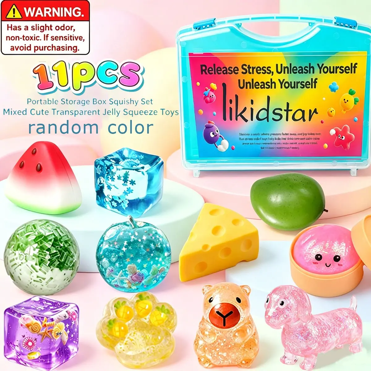 11-Piece Multi-Shape Jelly Sensory Pressure Toy Kit with Storage Box, Soft Textured Stress Relieving Fidgets, Cute Food & Animal Squish Toys for Easter Basket Fillers & Classroom Rewards