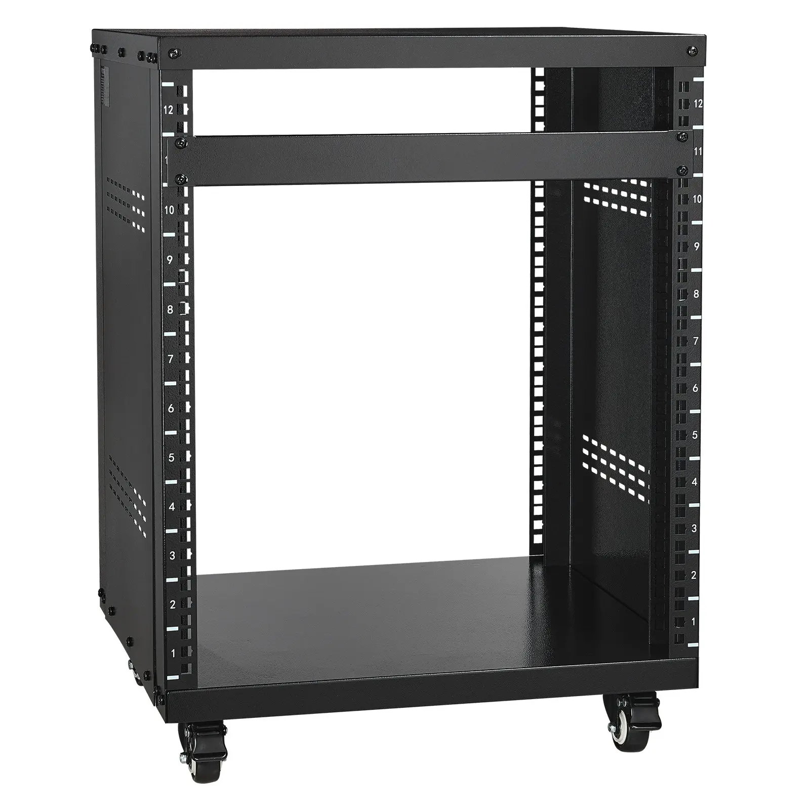 VEVOR 12U Metal AV Rack Cabinet, 300 lbs Capacity Carbon Steel Organiser with Lockable Casters, Round-Square Holes, Special Vents for 19" Audio Video IT Equipment Mounting (Studio Setup Use)