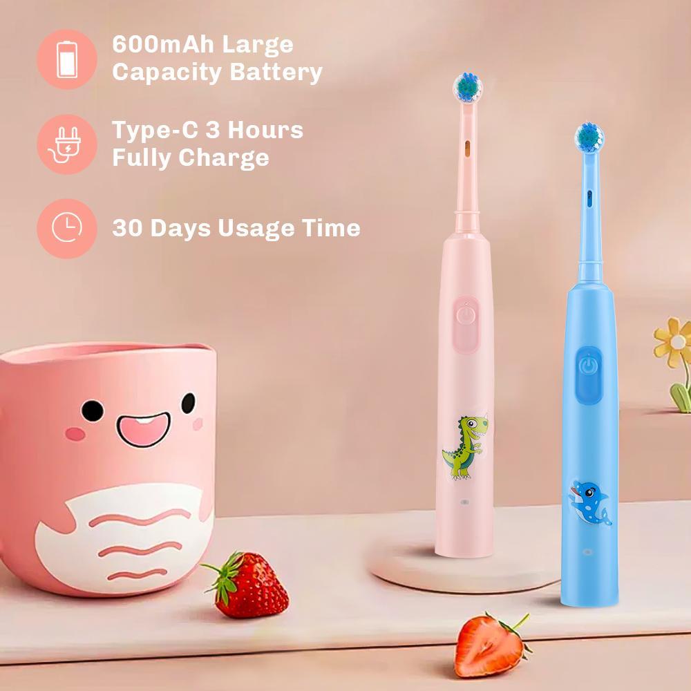 Rotating Brush Head Electric Toothbrush, 25° Rotation + 3D Vibration, 3 Modes, 30-Day Long Life, Type-C Fast Charge, Ip67 Waterproof, Cartoon Design