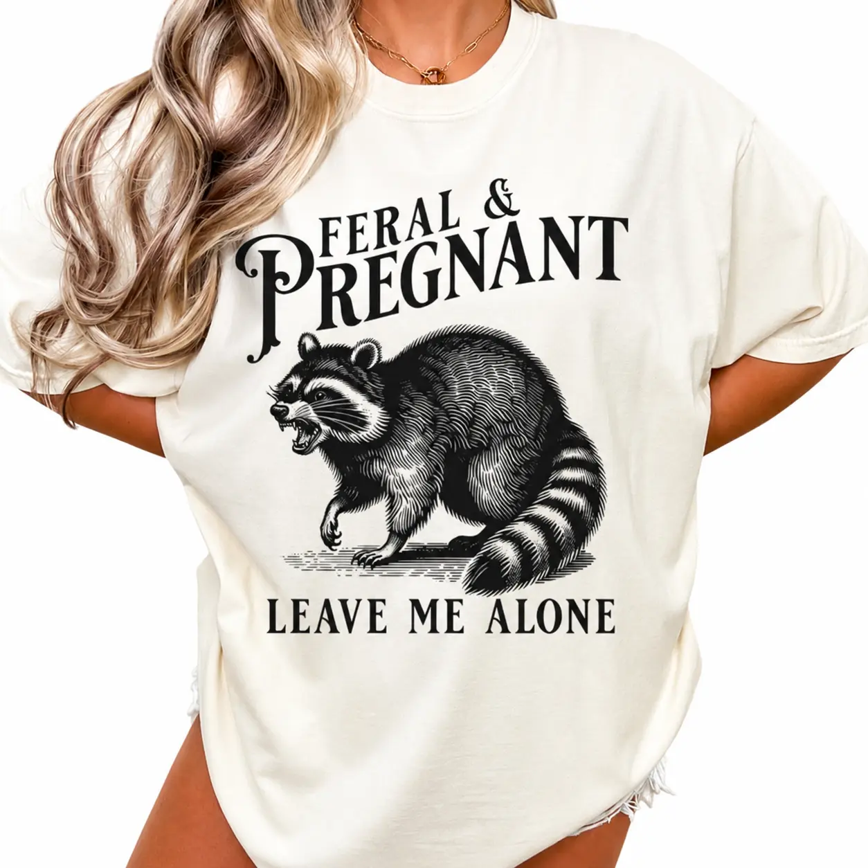 Unisex Feral Pregnant Raccoon Graphic Short-Sleeve Sports Top - Soft Casual Pregnancy Humor Tee for Moms-to-Be, Round Neck, Relaxed Cut, Fade-Free Vivid Print, 180g-Black/220g-White Options, Comfortable Fit