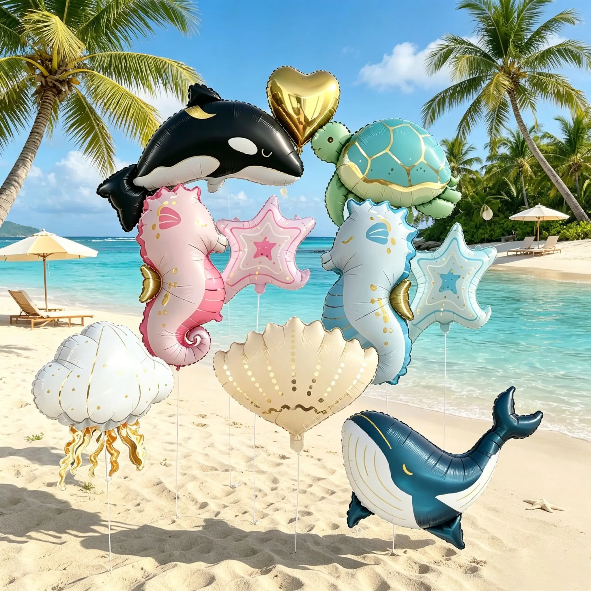 12-Piece Ocean Animal Aluminum Foil Balloons Set, Shell, Blue Whale, Jellyfish, Turtle, Seahorse, Orca, Heart Shape, Party Decorations