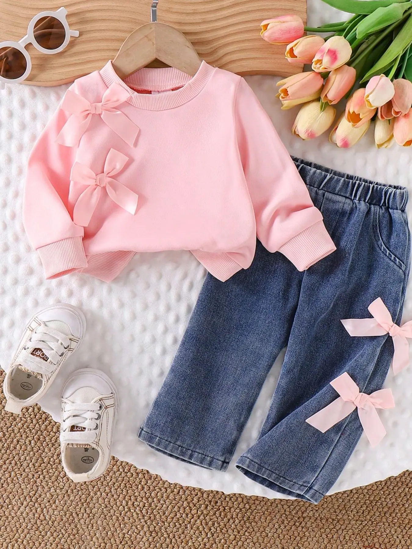 Baby Girl Spring Fall Sweet Casual 2-Piece Set, Peter Pan Collar Long Sleeve Top, Elastic Waist Jeans Pants with 3D Bow Decor Baby Girl Clothes