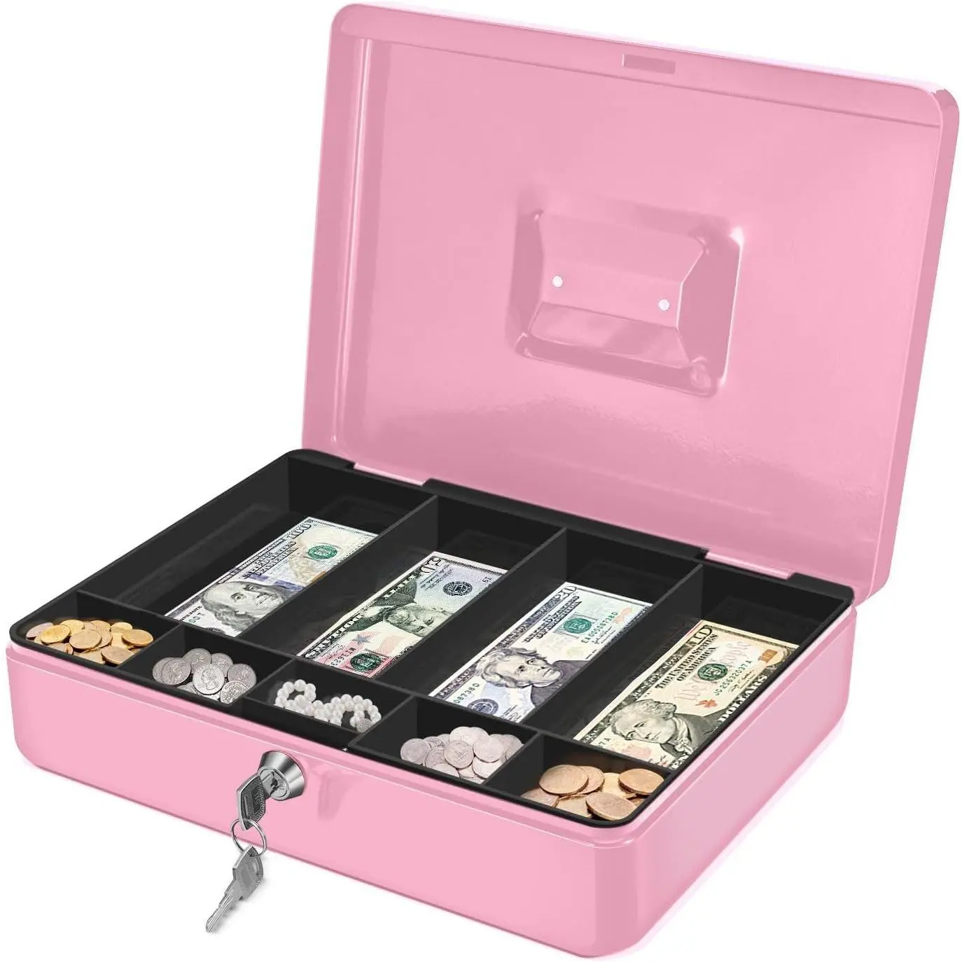 Pink Rectangular Lockable Metal Cash Box, 11.4-in Portable Home Organizer Storage Bin with Removable 9 Compartments Tray, 4 Bill Slots, Folding Handle & 2 Keys for Petty Cash