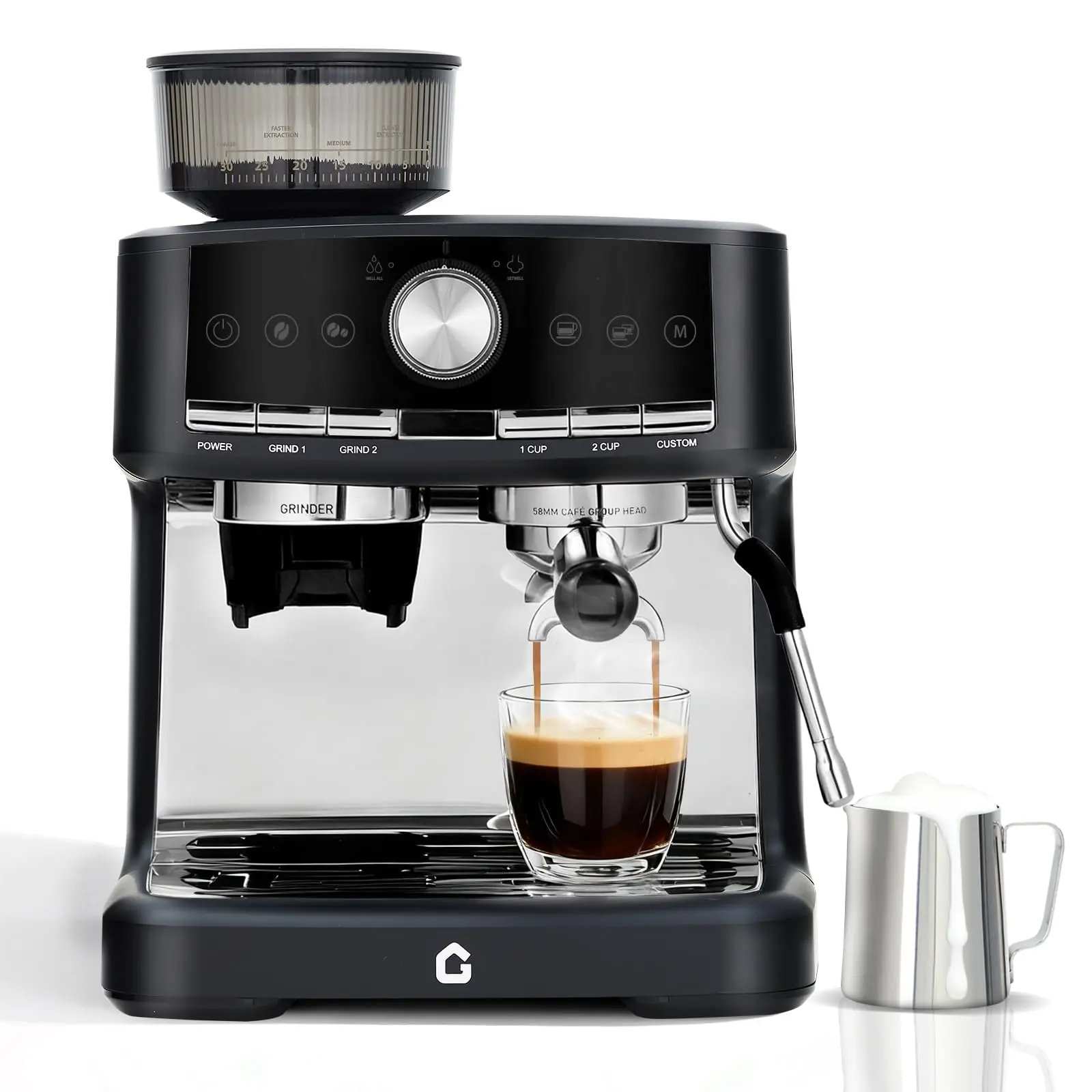 GARVEE 20 Bar Pressure Espresso Machine with Grinder, 1.5L Removable Water Tank, Milk Frother Steam Wand for Latte/Cappuccino (BLACK,20Bar,With Grinder)