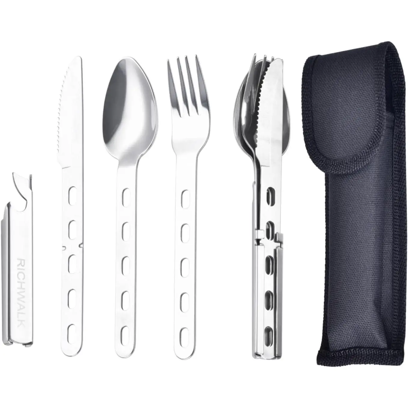4-in-1 Camping Spoon Fork Knife Combos Set of 4 - Portable Stainless Steel Flatware Spoon Fork kit - Travel Camping utensil kit - Camping flatware - Backpacking utensils