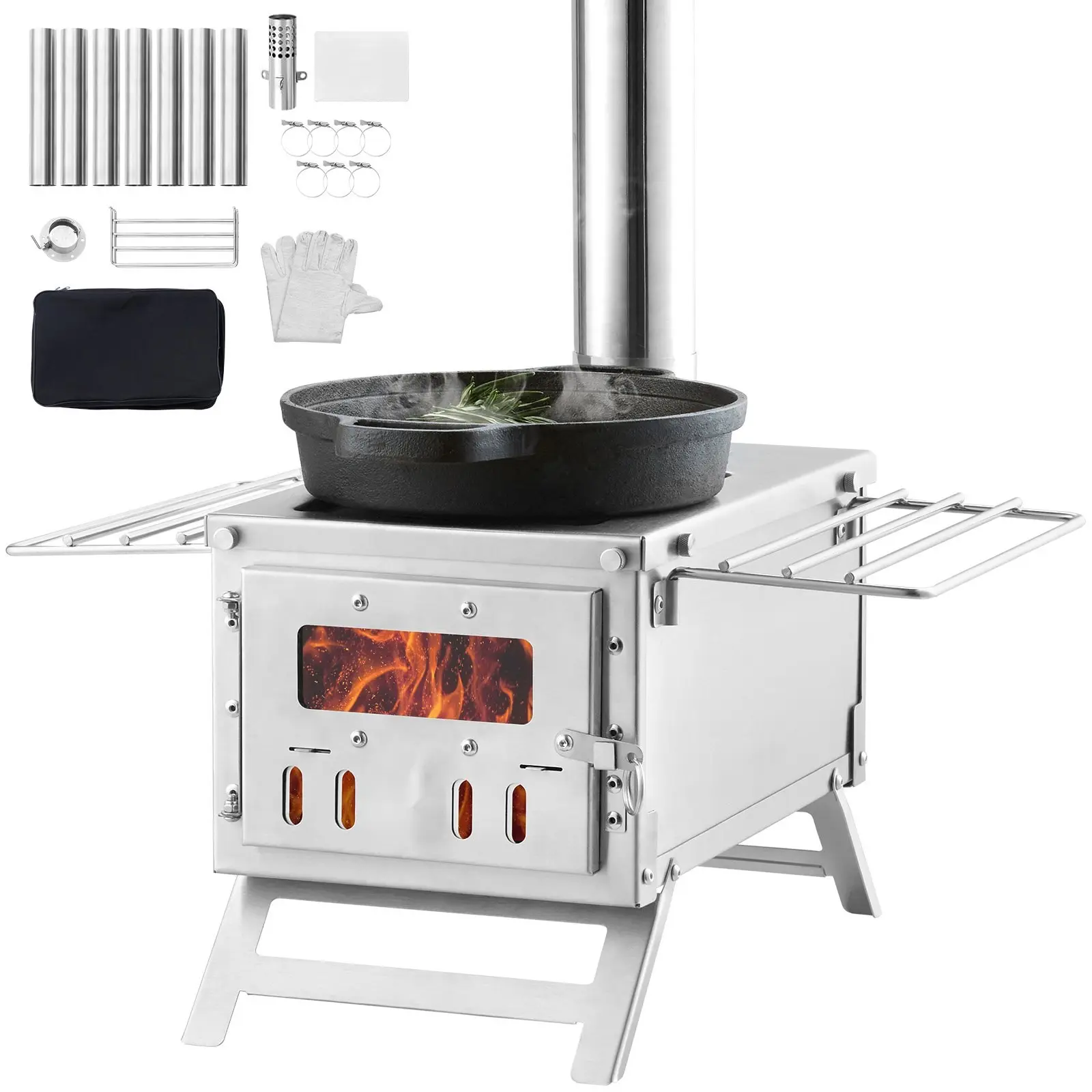 Wood Stove 80 Inch, Stainless Steel Camping Tent Stove, Portable Wood-Burning Stove With Chimney Pipes And Heat-Resistant Gloves, 700 In³ Firebox, Hot Tent Stove For Outdoor Cooking And Heating With Eight Pipes