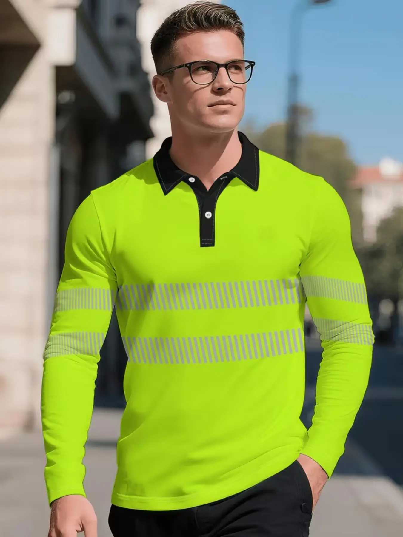 Fluorescent Reflective Stripe Digital Print Men's Long Sleeve Polo Shirt, Casual Loose-Fit All-Season Top, Versatile Everyday Wear