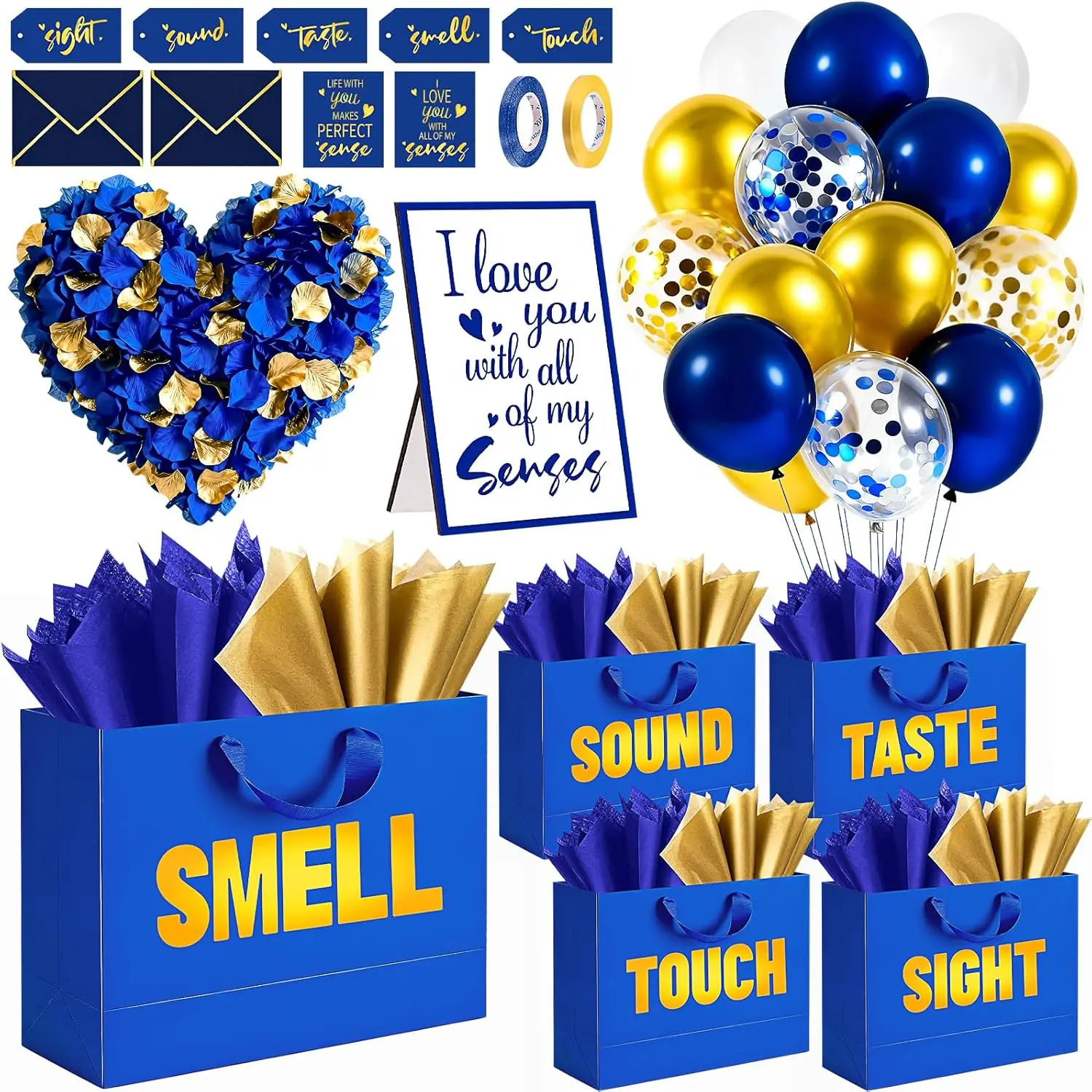 5 Senses Gift Bags for Him with Labels Tissue Paper, Five Senses Party Decoration Rose Petals Blue Gold Balloons Greeting Card and Sign Holder Stand for Husband Boyfriend Birthday Party Decor