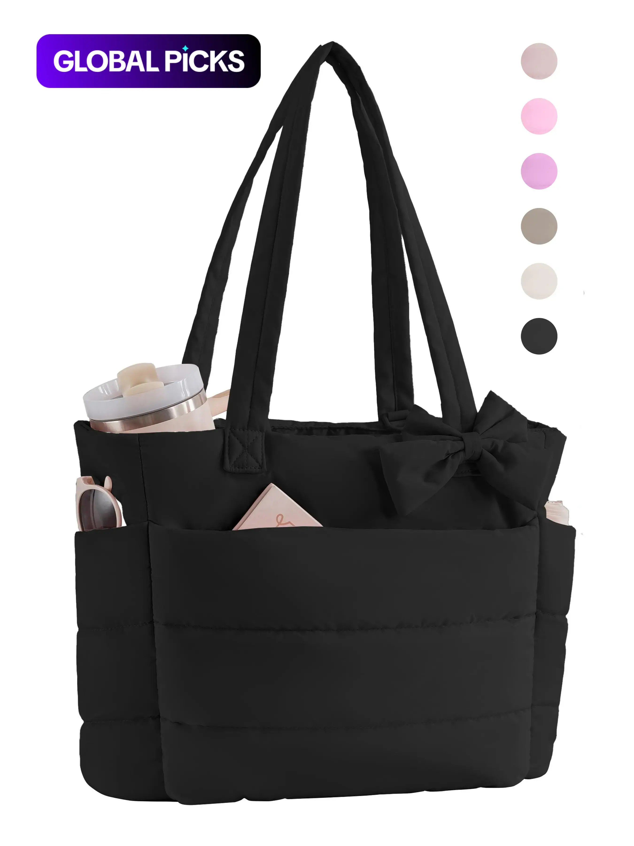 Tote Bag for Women, Quilted Bow Tote Bag, Lightweight Puffy Tote Bag with Compartments, Puffer Tote Bag, Shoulder Bag Handbag for Gym, Lightweight, Puffy, Quilted, for Travel, Work, Valentine's Day, Christmas and Thanksgiving Day gifts #GLOBAL PICKS