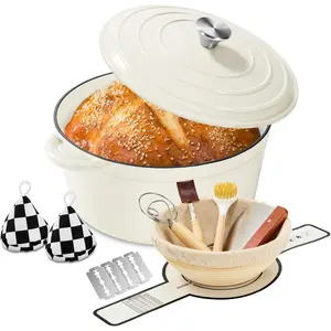 Enameled Cast Iron Dutch Oven with Lid -6.5 QT, incl. Sourdough Bread-Baking Supplies like Banneton Proofing Basket, Heavy Duty Cookware Bread-Oven for Baking, Stews, and Roasting, Cream White
