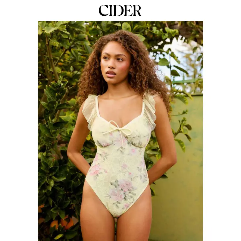 Cider Floral Sweetheart Neck Ruffled Strap One Piece Swimsuit