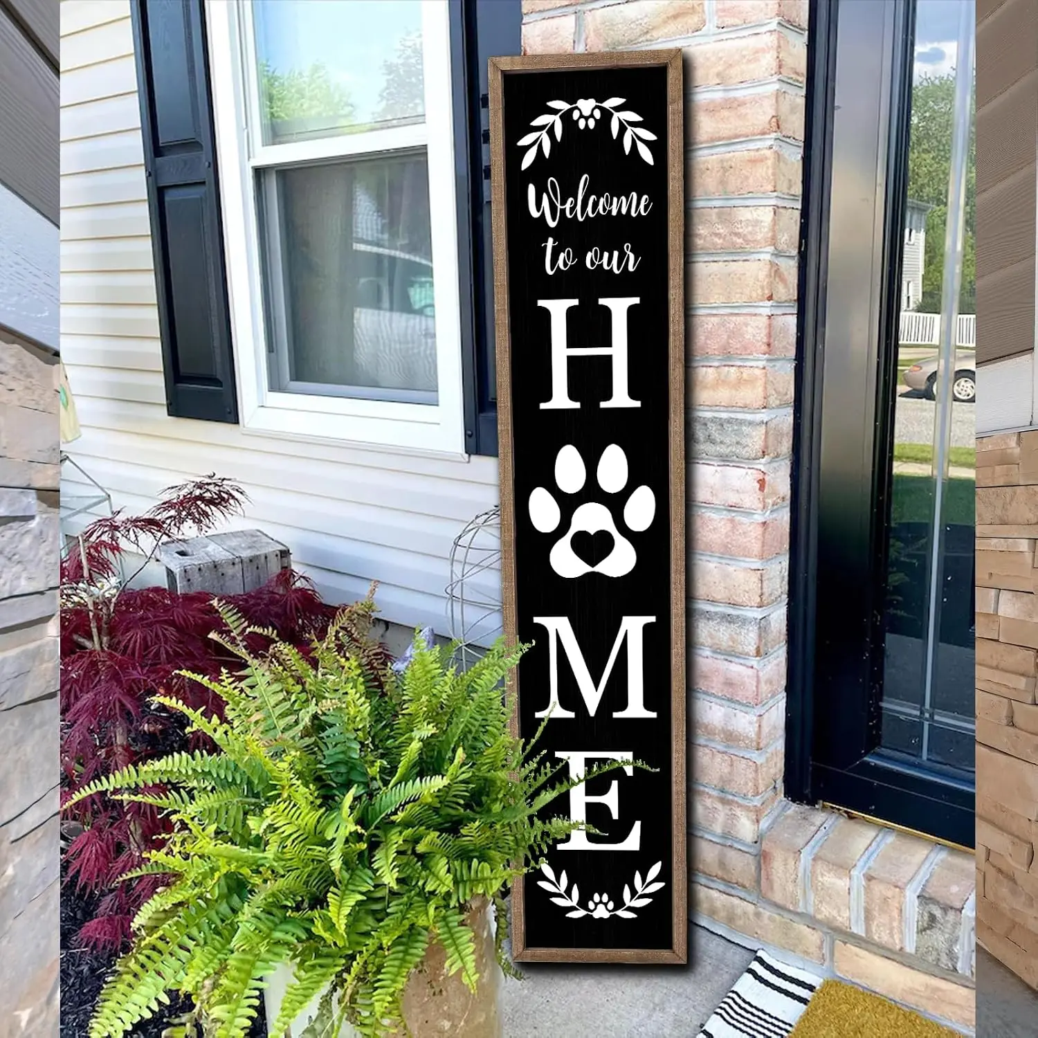 Welcome To Our Home Sign For Front Porch Standing 45"X9" Large Rustic Farmhouse Outdoor Tall Wood Framed Vertical Paw Print Welcome Signs Modern Outside Front Door Wall Decor (Wood Black)