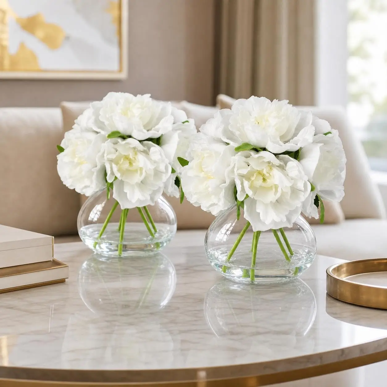 Round Elegant PU Silk Peony Artificial Flower Arrangement in Glass Vase - Faux Water Decorative Centerpiece - 2-Pack for Modern Home Table or Living Room Decor