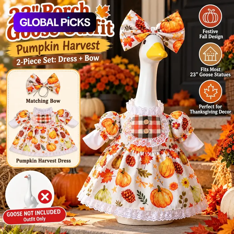23 Inch Porch Goose Outfit, Pumpkin Harvest Dress & Matching Bow 2-Piece Set, Fall Thanksgiving Goose Clothes for Cement or Plastic Goose Statue, Farmhouse Porch Decor, Goose Not Included #GLOBAL PICKS