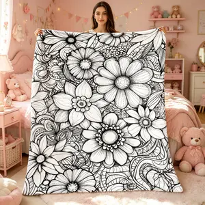 2D Flat Black White Daisy Line Art Flannel Throw Blanket, 280gsm Ultra Soft Lightweight All Season Blanket for Sofa Bed Office Camping Travel, Digital Print Warm Decor Bedding Gift for Floral Art Lovers