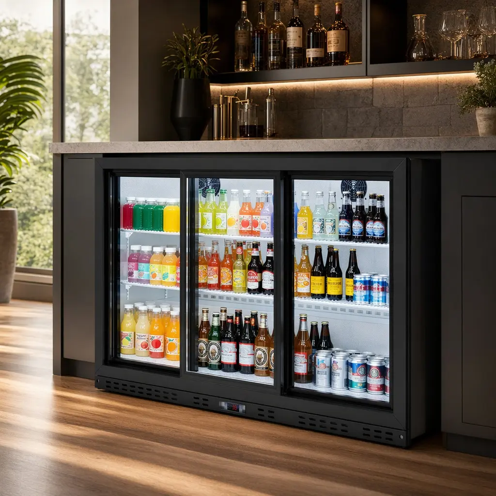 53 Inch Beverage Refrigerator with 3 Glass Sliding Doors, 480 Can Capacity, 11.3 Cu.Ft Commercial Back Bar Cooler, Black Aluminum, LED Lighting, R600a