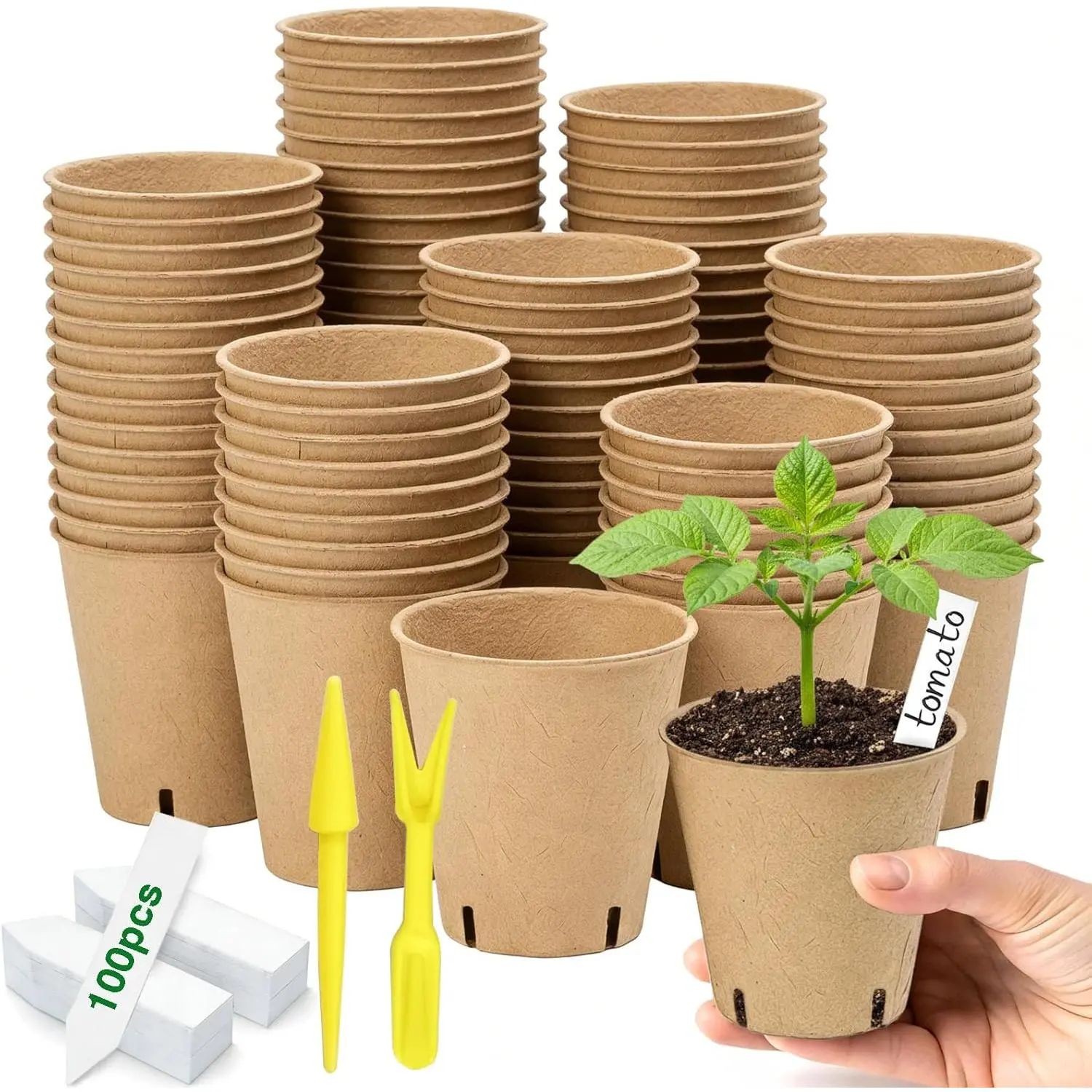70-Pack Cylindrical Breathable Recycled Pulp Seedling Pots Kit, 3.15" Size Bulk Packs with Root Support, Drainage Holes & 100 Labels for Home Gardening Seedlings, Greenhouses, Plant Growth