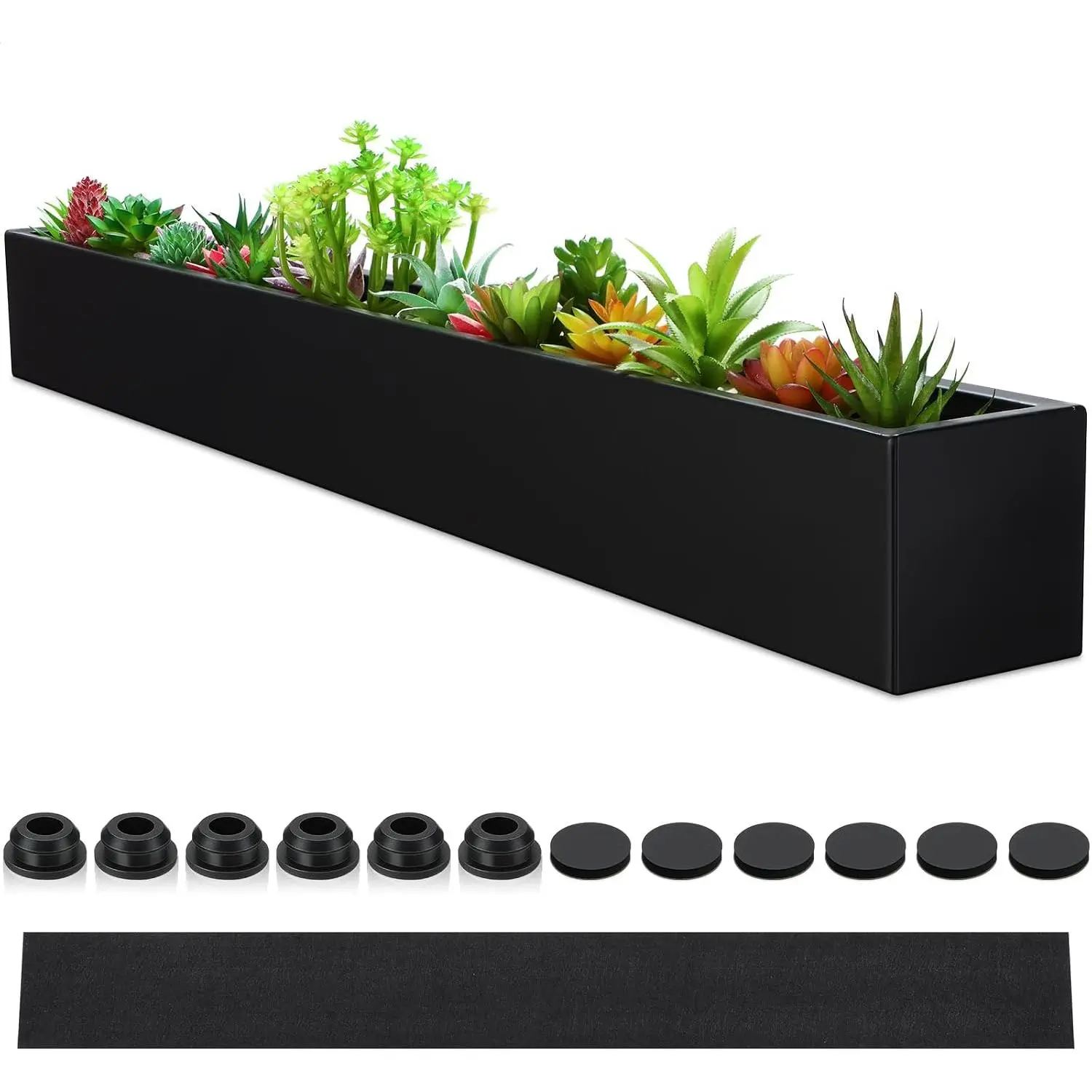 1 Pcs 32 x 3.5 x 3.5 Inch Long Rectangular Planter Box Window Sill Plant Box Metal Water Trough Indoor Large Modern Steel with Drainage Holes Herb Garden Home (Black)