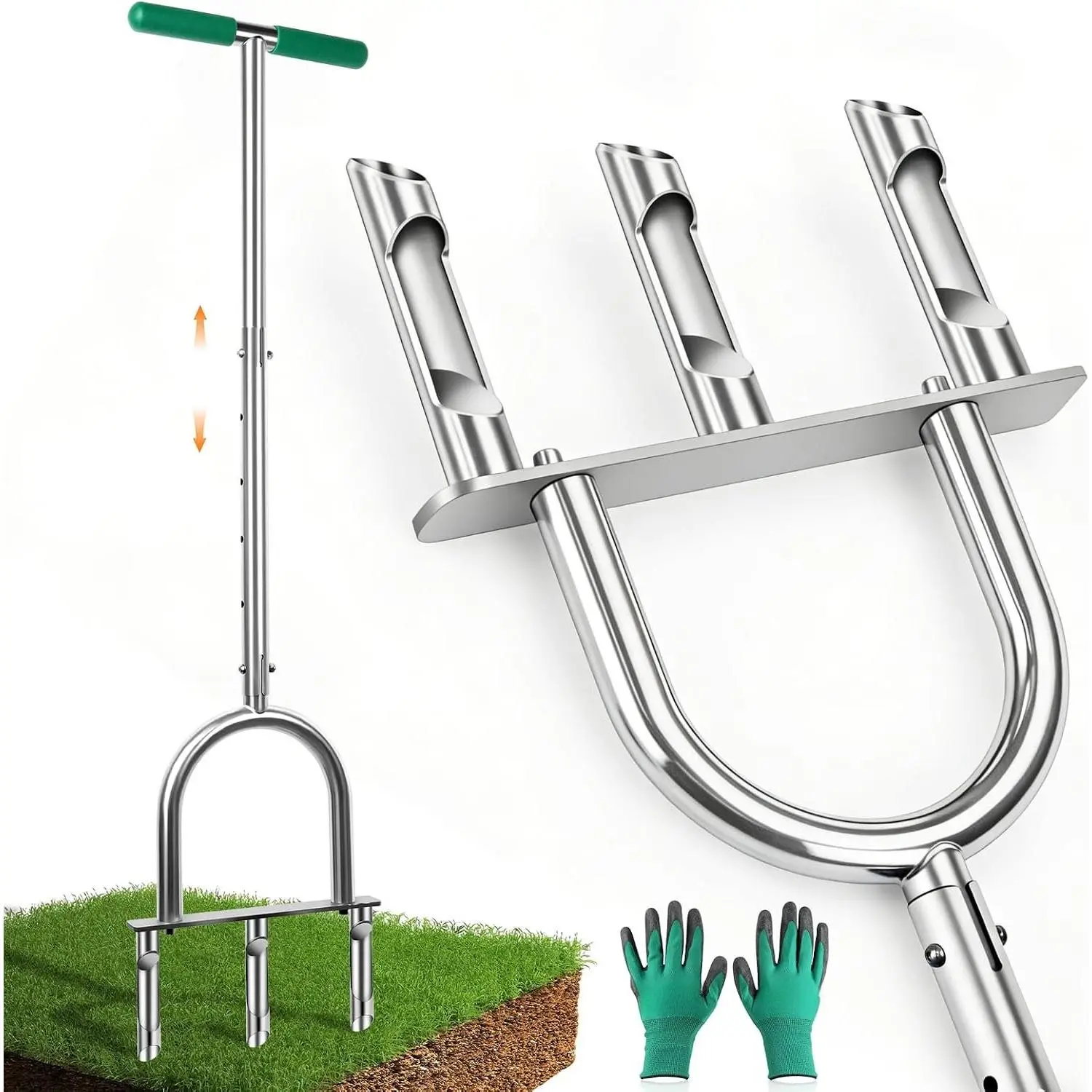 Lawn Aerator Tool, Stainless Steel Manual Core Aerator with 3 Hollow Tines | Heavy Duty Aeration Tool, Adjustable Height, Yard Aerator & Soil Aerator Tool for Soil Plug Removal, Lawn Garden Care