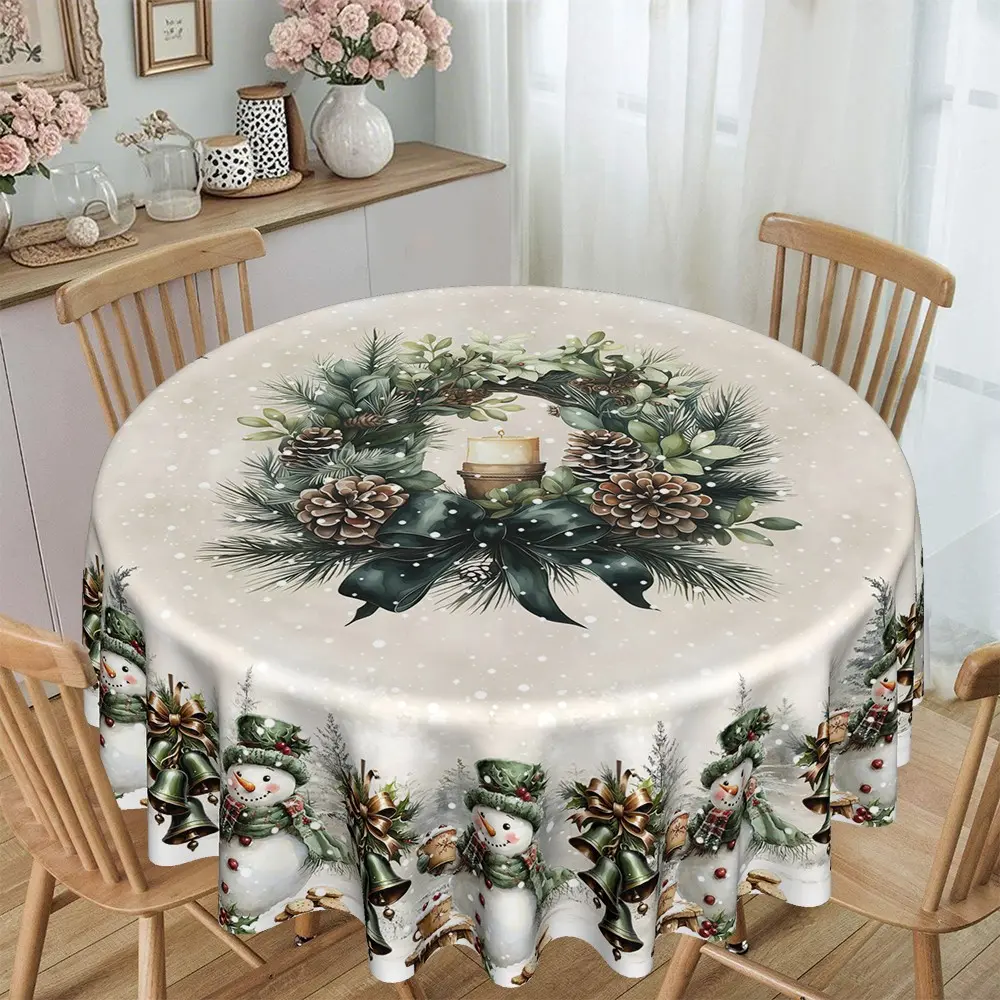 Christmas Pine Candle Snowman Bell Print Round Tablecloth, Furniture Protector, Party Decor, Hotel Restaurant Home Use, Festive Home Decoration