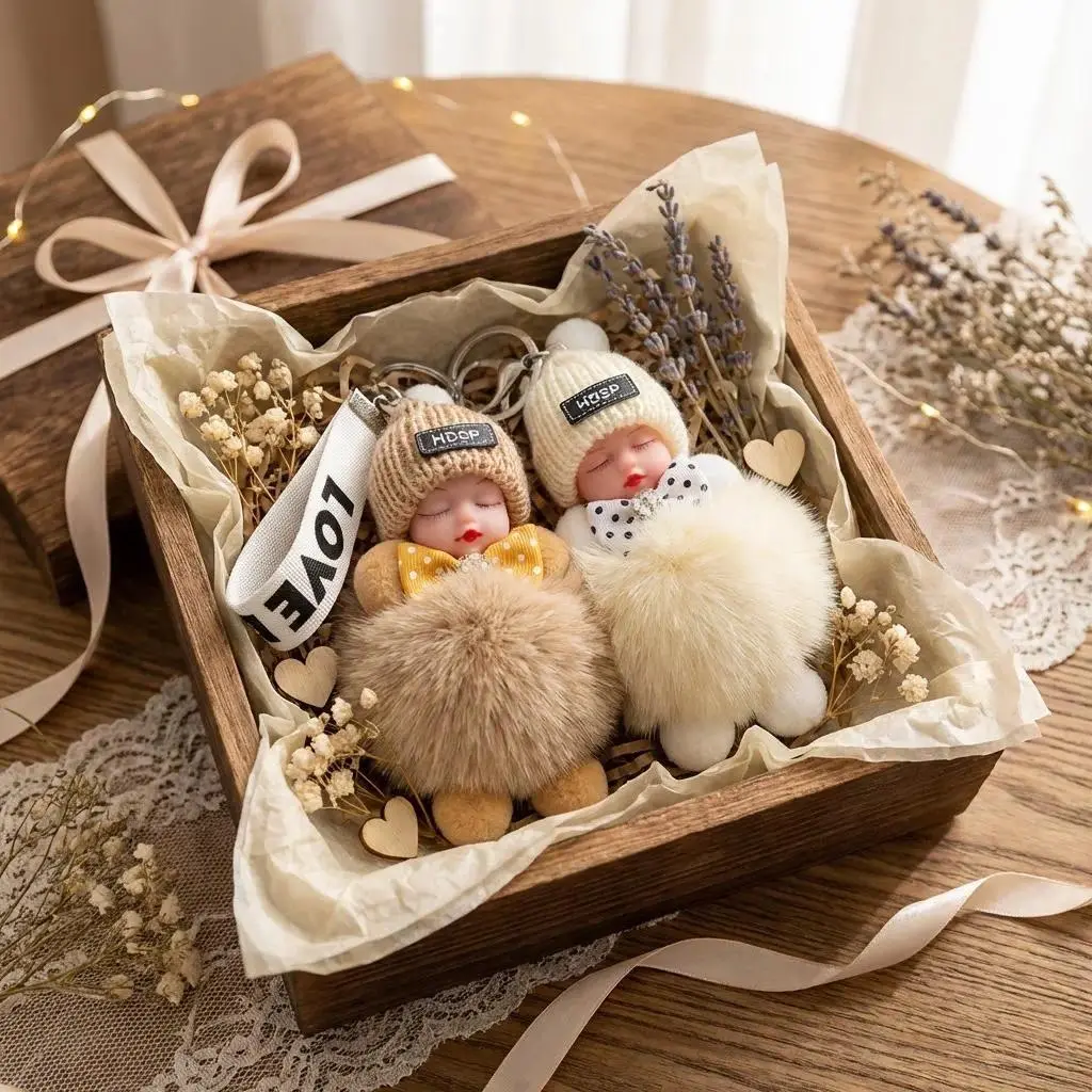 Plush Pompom Keychain 2-Pack, Handmade Cute Doll Bag Charms for Women with Knit Hats, Holiday Birthday Gift (White & Yellow), Valentine, Bowties, Multipack, Keychain For Car Keys, Doll Form, Dual Pack, Cute Dolls