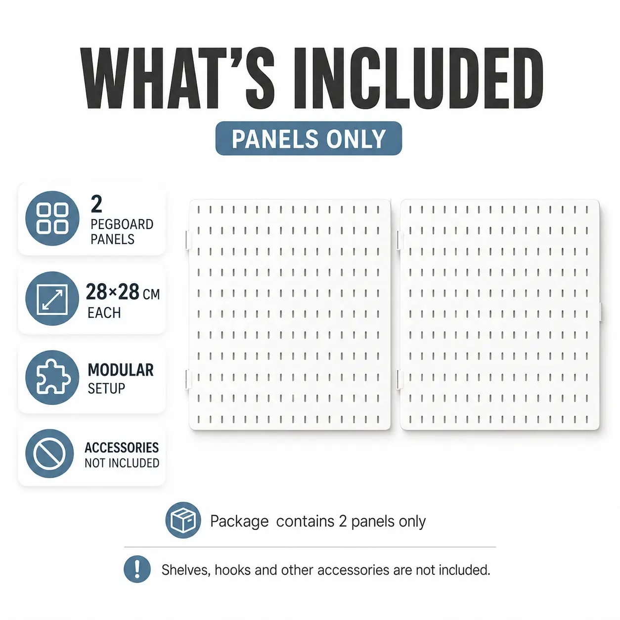 2pcs Modular Pegboard Wall Organizer Panels, Self Adhesive No Drill Durable PP Peg Board Wall Mount Storage Display Panel, Expandable Space Saving DIY Board for Kitchen Bathroom Bedroom Home Office Dorm, Panels Only Accessories Not Included