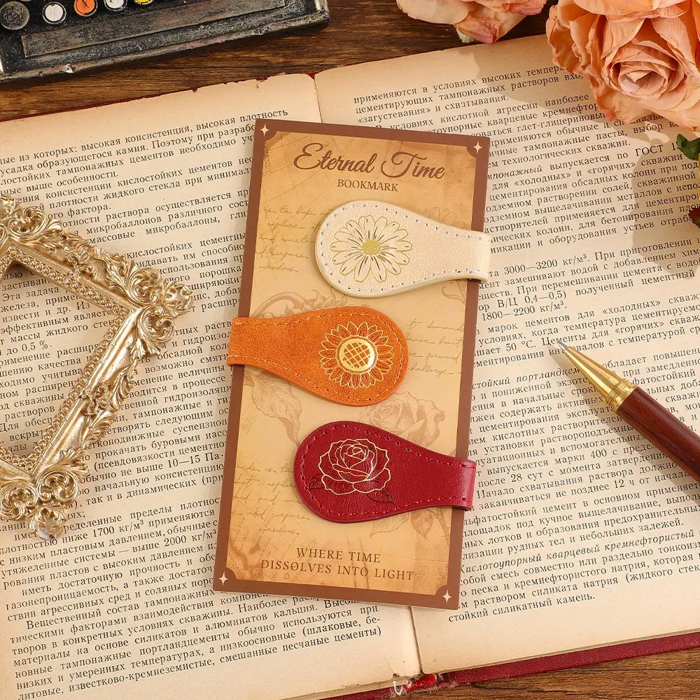 3Pcs Vintage Magnetic PU Leather Bookmarks, Book Markers, Book Accessories, Gold Foil Page Clips, Waterproof Surface Faux Leather Office Stationery Gifts for Adult Readers