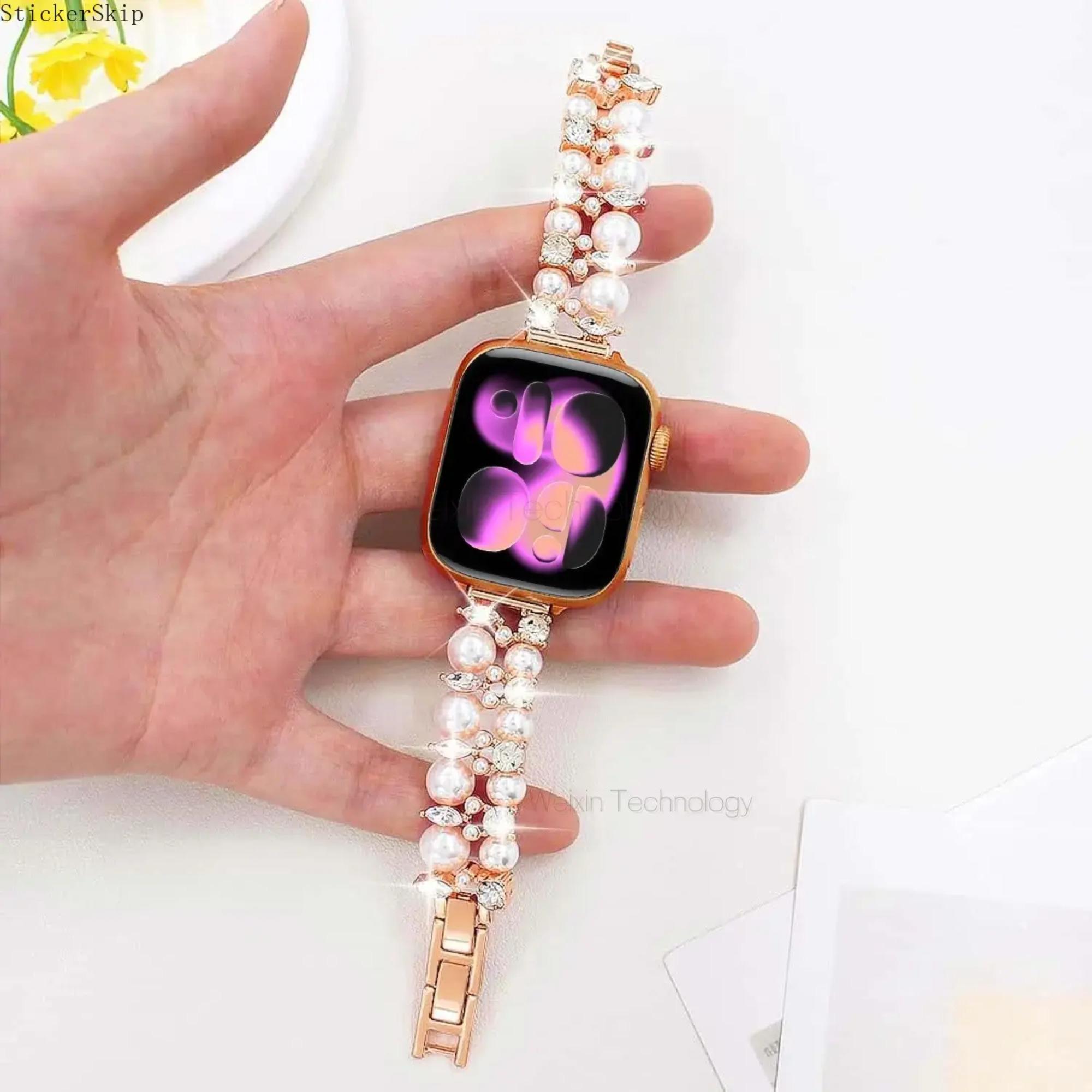 2026 NEW Elegant Pearl Beaded Apple Watch Band for Women – Elastic Stretch Bracelet Strap with Rhinestone Bling, Compatible with 38–49mm Series 4–11, SE & Ultra, Jewelry Wristband for Party, Wedding & Gift