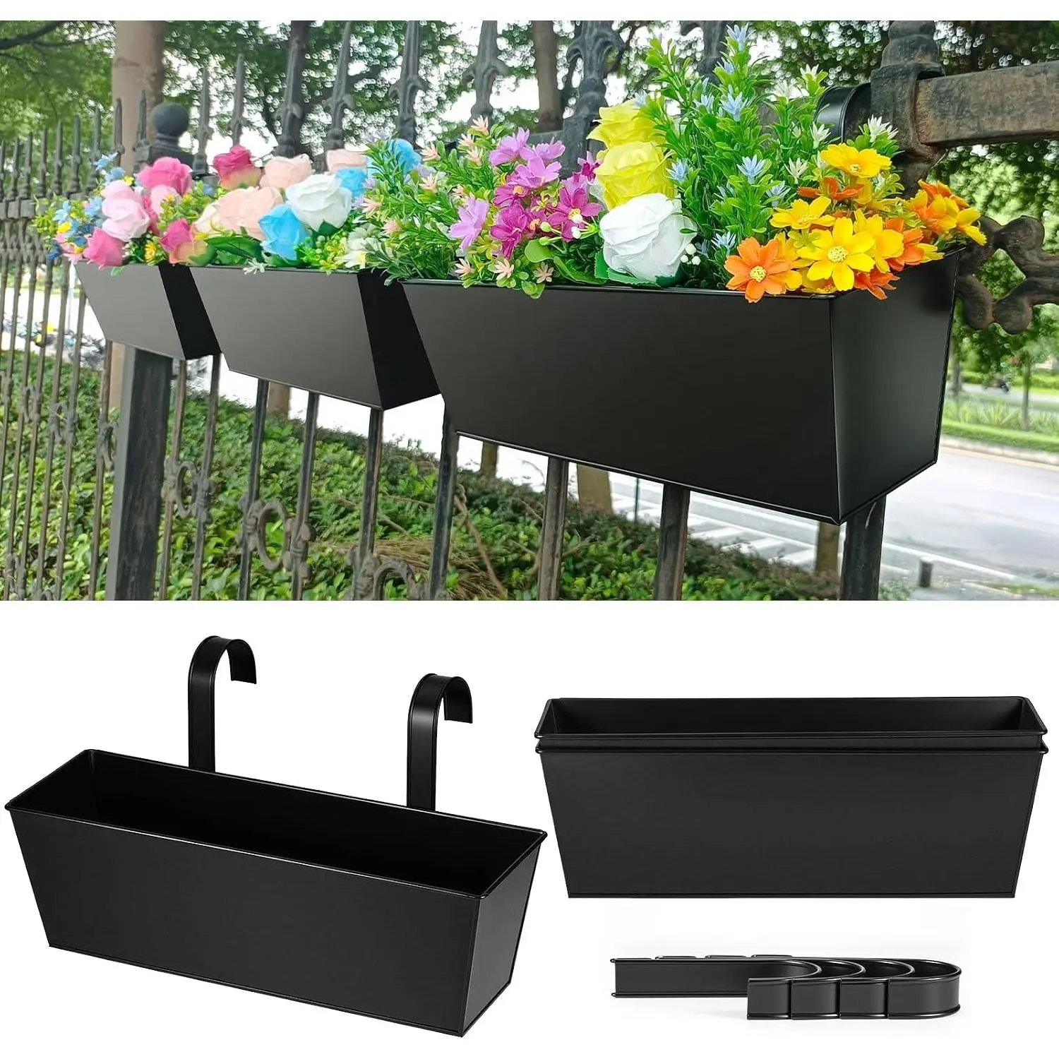 3 Pcs Large Hanging Flower Pots for Railing Or Fence 16 Inch Railing Planter Box for Any Balcony, Porch or Deck Countryside Style Window Planter Boxes Are Perfect to Herbs & Flowers for Garden (Black)