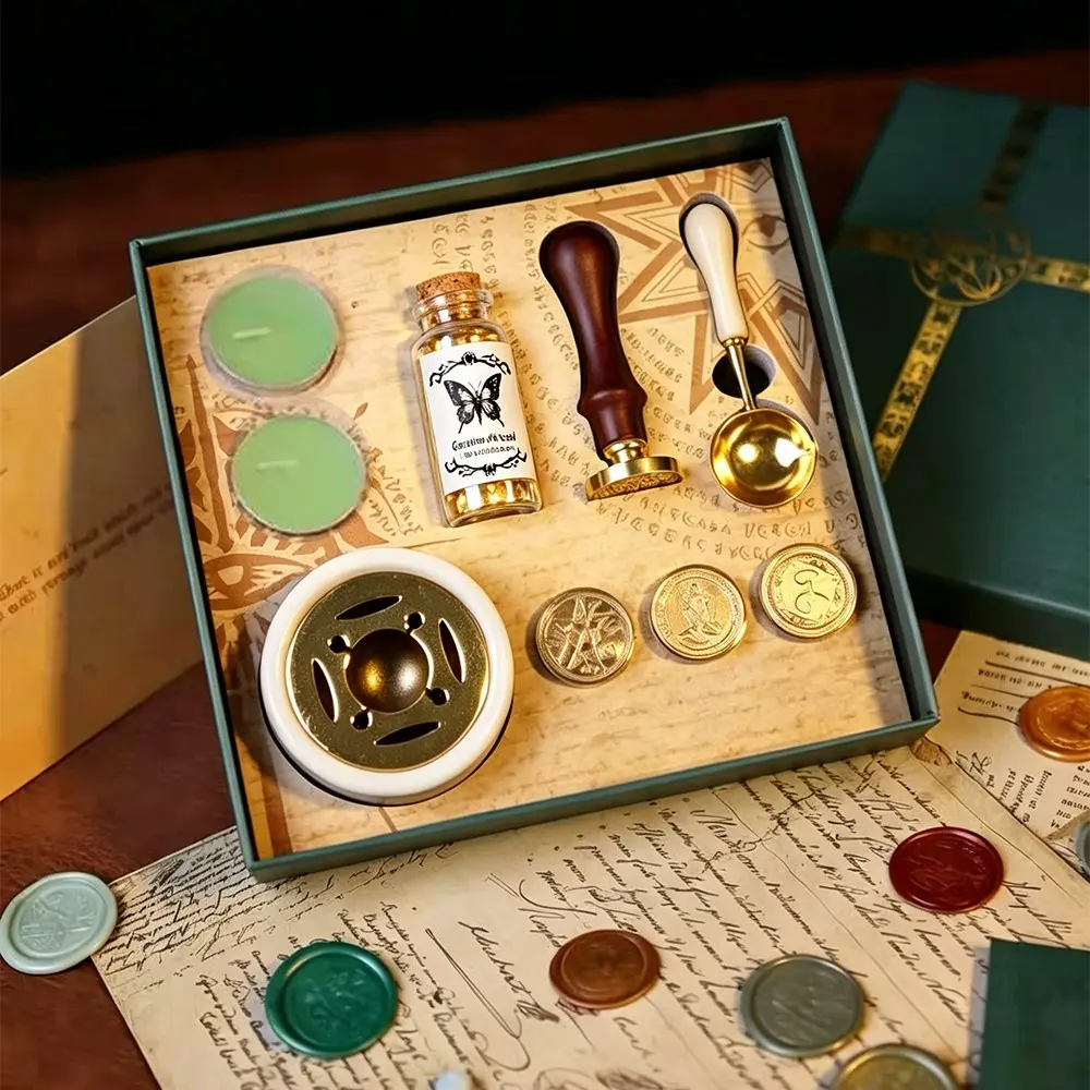 Luxury Vintage Forest Wax Seal Set, Floral Gift Box, Multiple Flower Emboss Stamps, Glass Bottle, Mini Melter, Handmade Craft Kit