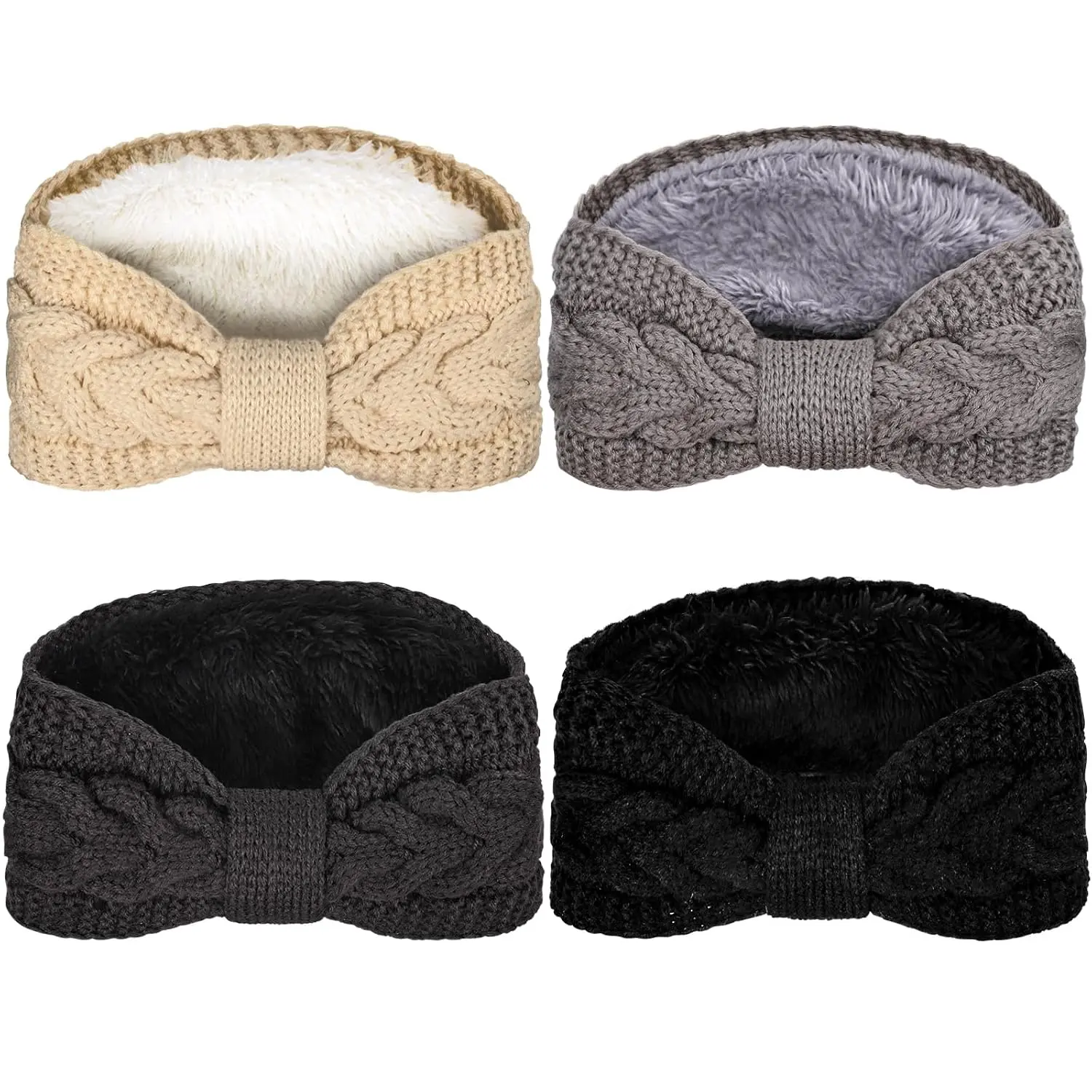 4 Pack Twisted Knit Headbands Winter Knotted Head Wraps Fuzzy Lined Headband Thick Crochet Turban Ear Warmer Elastic Hair Band Accessories  Women (Beige, Black, Grey) New model