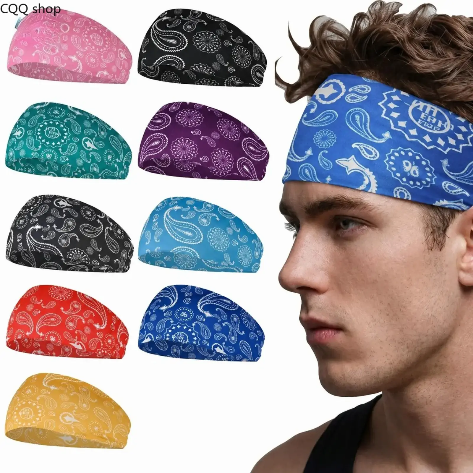 Paisley Bandana Headbands for Men Women, Boho Sports Sweatband for Yoga Running Bandana Print Headbands Set, Elastic Hair Wraps for Running, Makeup & Bad Hair Days