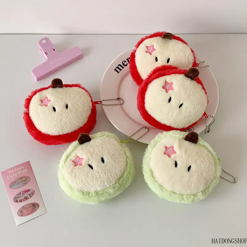 Kawaii Viral Coquette Cute Cartoon Apple Plush Mini Pouch For Students, Multi-Use Earbud Coin Cable Storage Bag Charm, Y2K Soft Girly Accessory For School Travel Daily Styling
