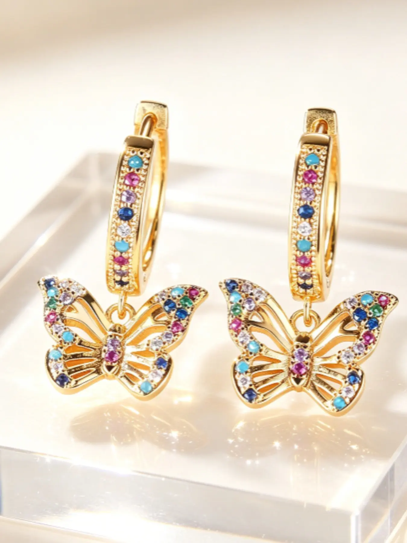 Luxurious Synthetic Diamond Butterfly Pendant Hoop Shape Earrings, Boho Geometric Design, Perfect for Weddings and Parties