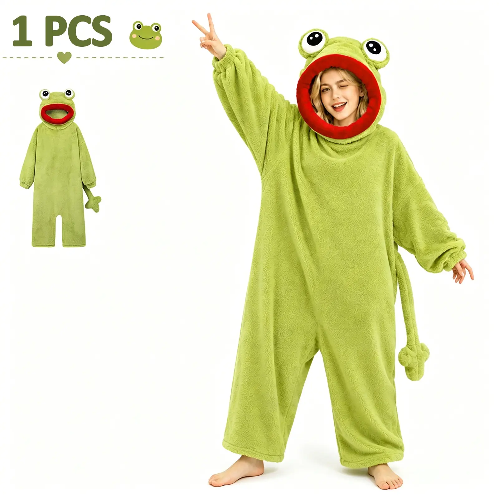 Fun Frog Onesie Pajamas for Adults, Cute Animal Design, Cozy Wear, Soft Fuzzy Hooded Sleepwear, Perfect for Halloween Parties and Casual Home Wear