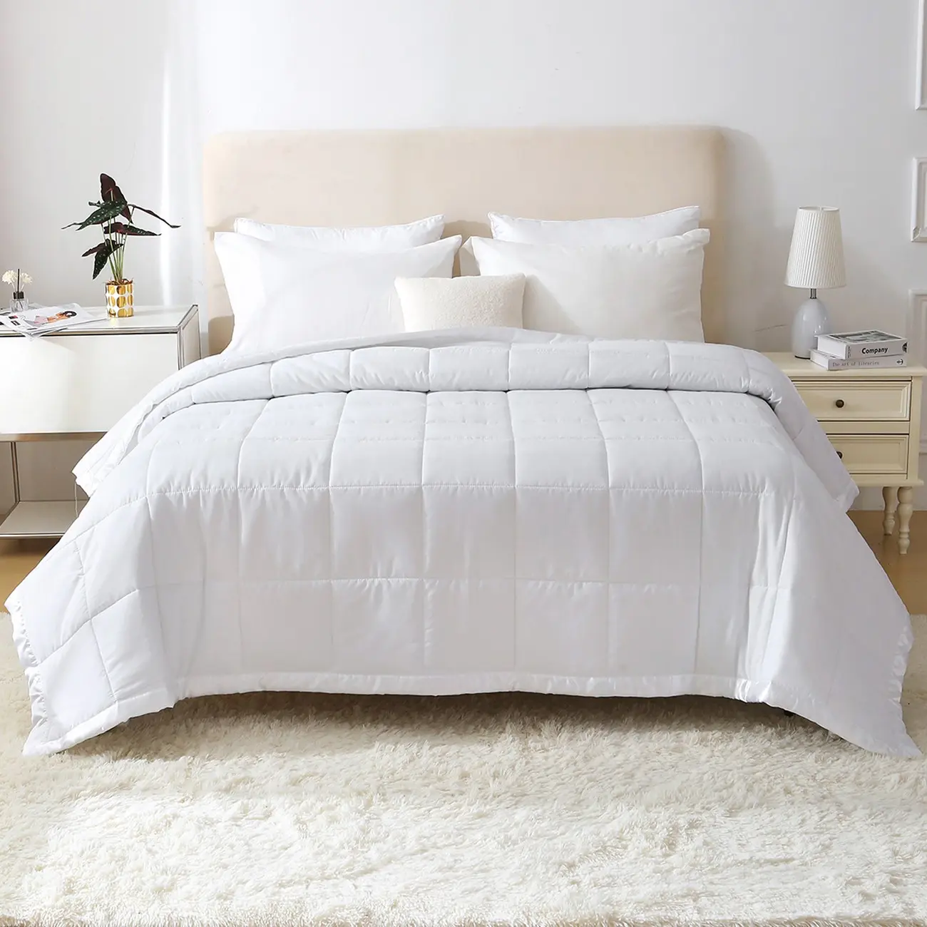 Ultra-Soft All Season Comforter Queen King Size, White Coverless Duvet Quilt, Breathable and Warm, with Satin Trim, Machine Washable, Suitable for All Seasons, Polyester Bedding